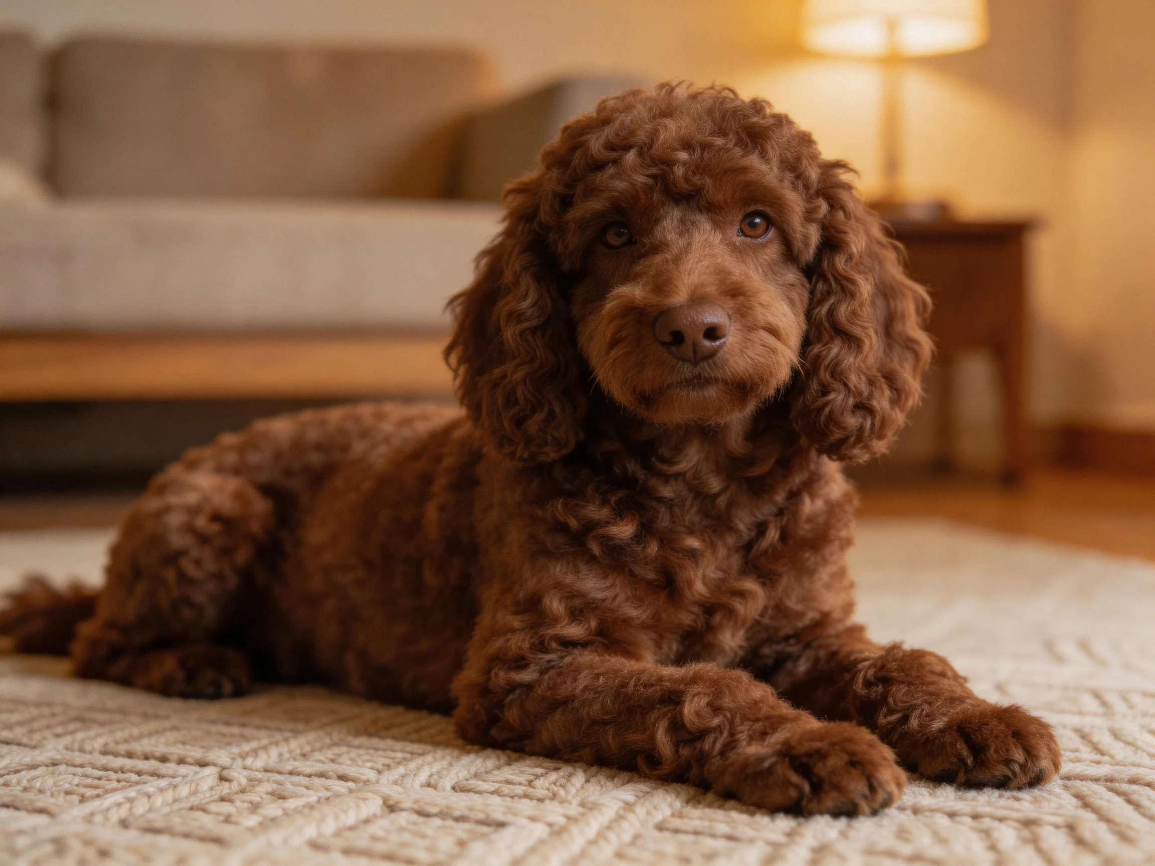 A brown curly - haired dog relaxes on a rug in a cozy room
