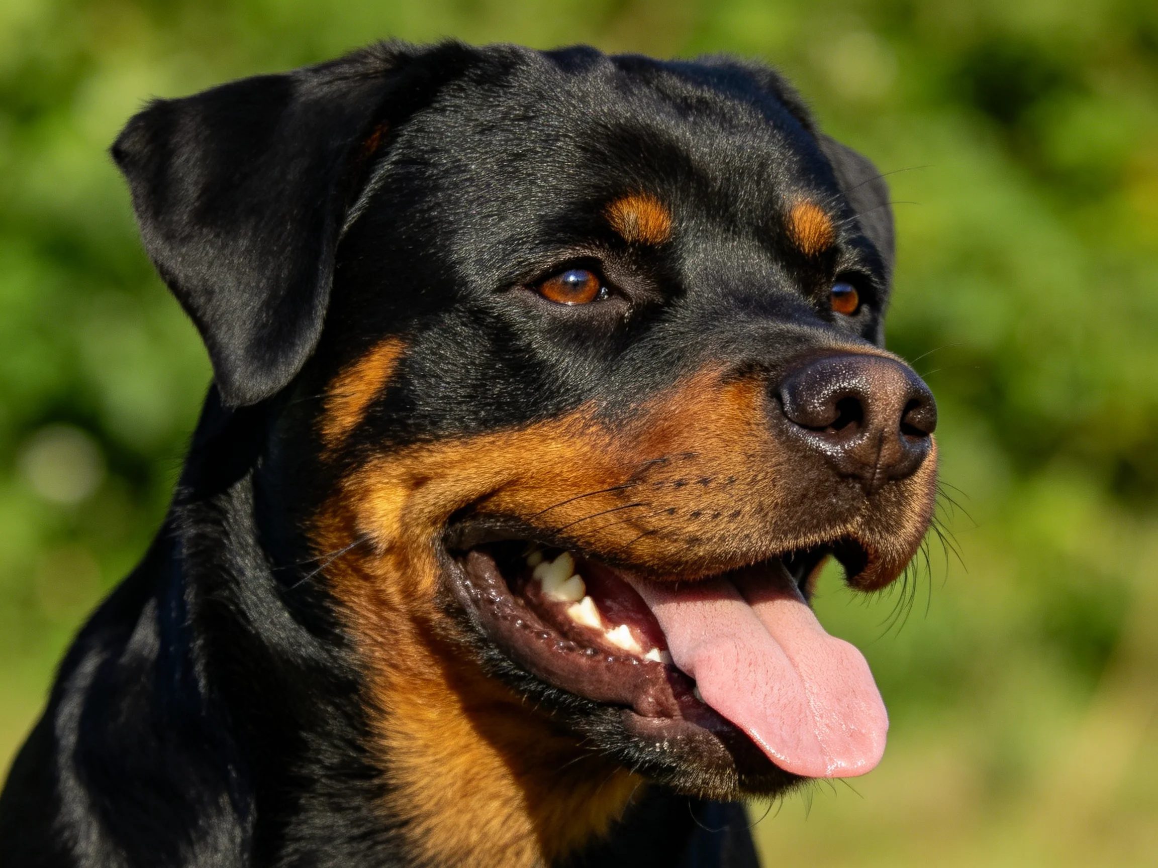 A Rottweiler with black and tan fur pants happily in an outdoor location.