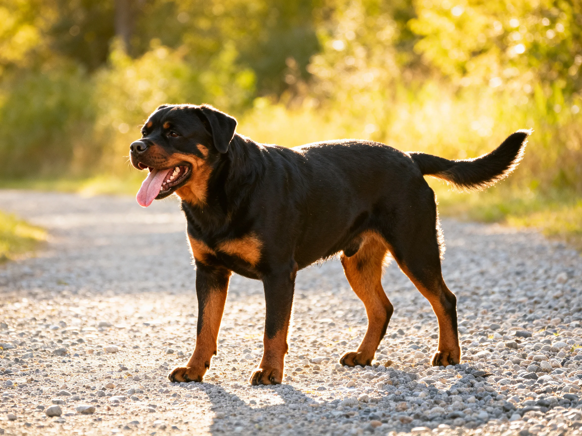 A robust black-and-tan Rottweiler stands on a gravel path amid golden foliage