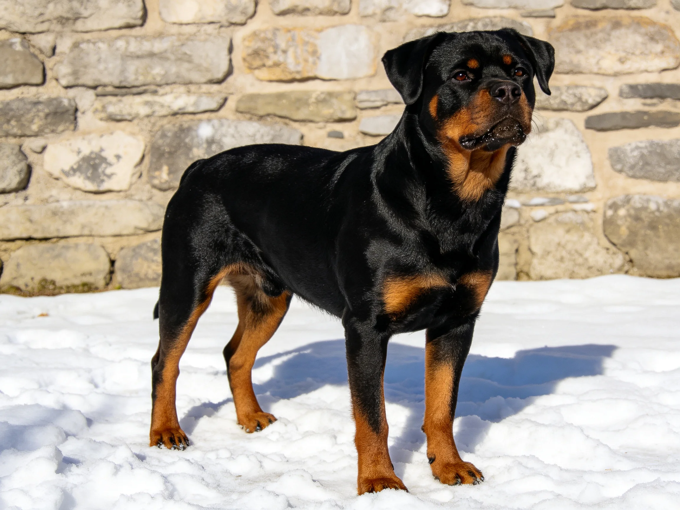 A robust black and tan Rottweiler stands on snowy ground near a stone wall