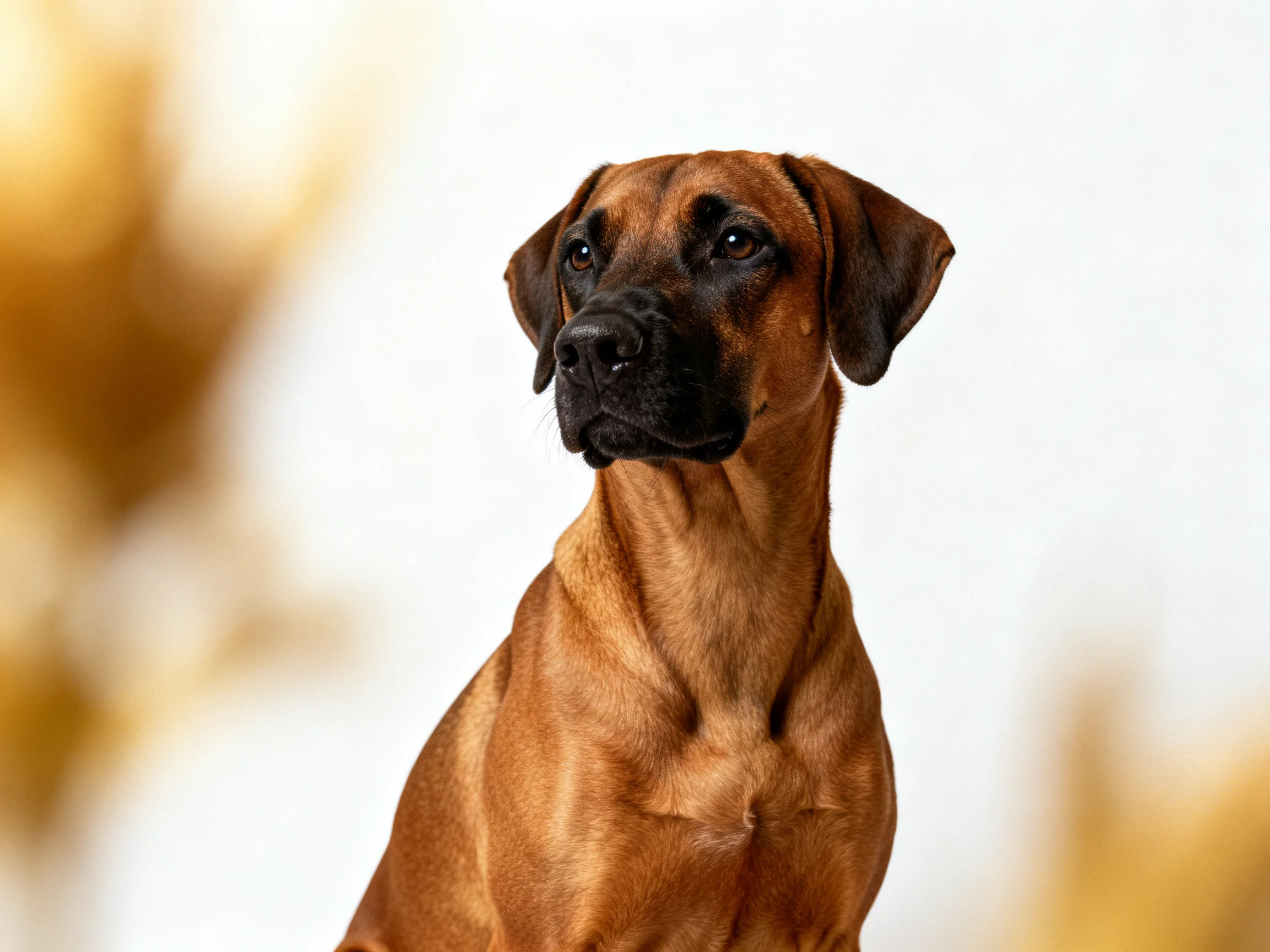 A tan dog with dark facial markings sits attentively against a blurred backdrop.