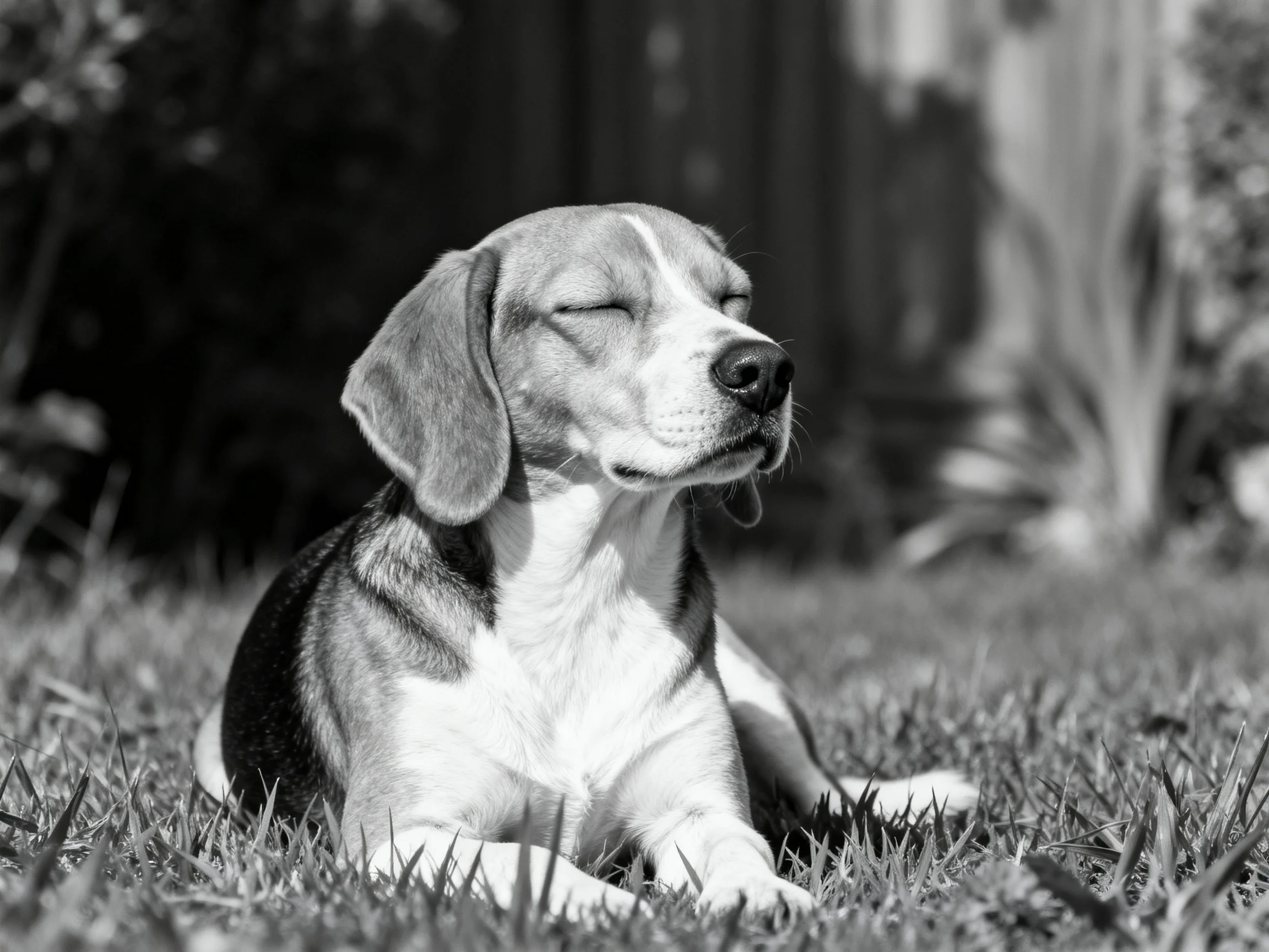 A serene beagle puppy rests on grass in a sunlit outdoor area