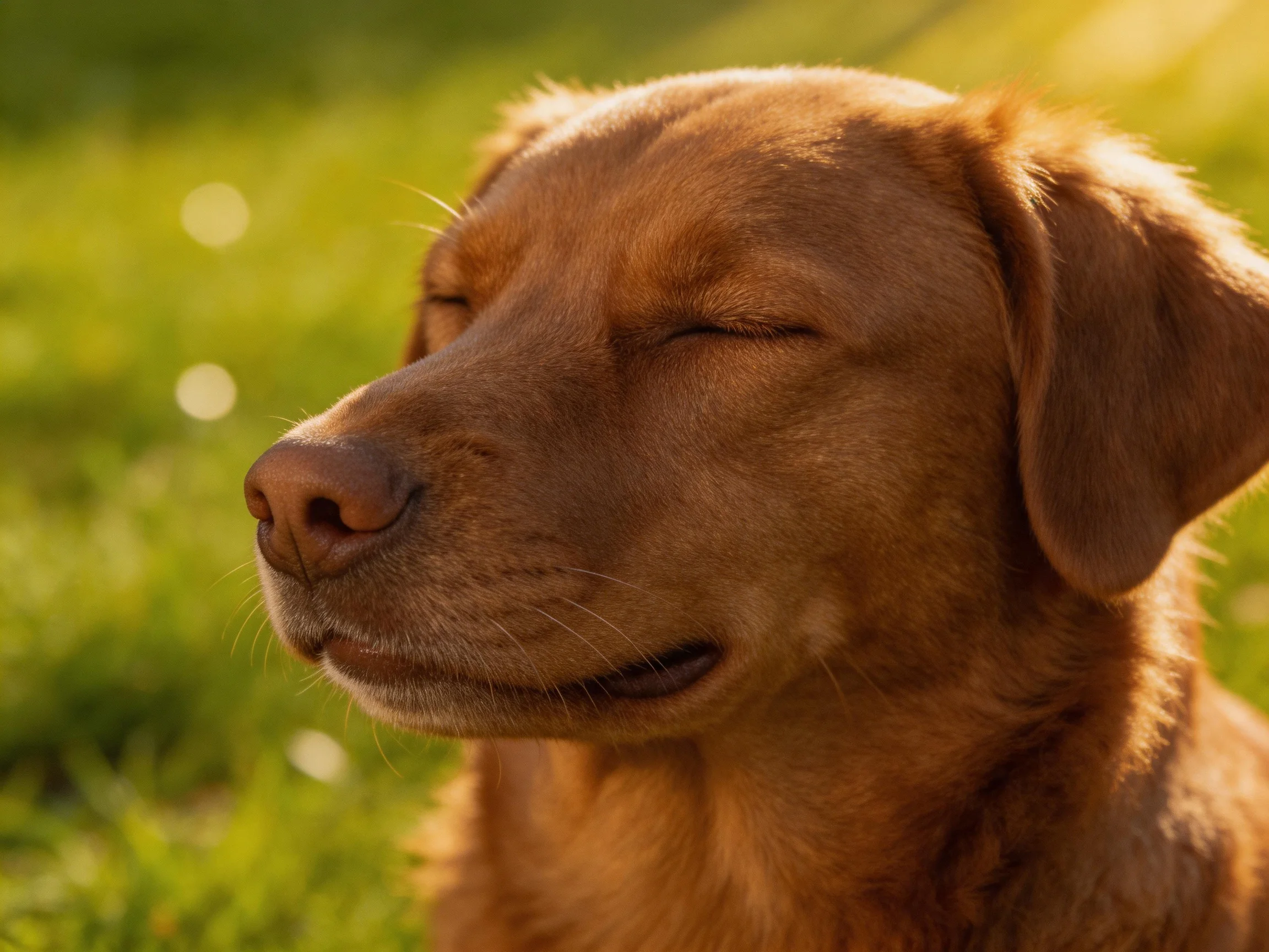 A serene brown dog with closed eyes in a sunlit green field