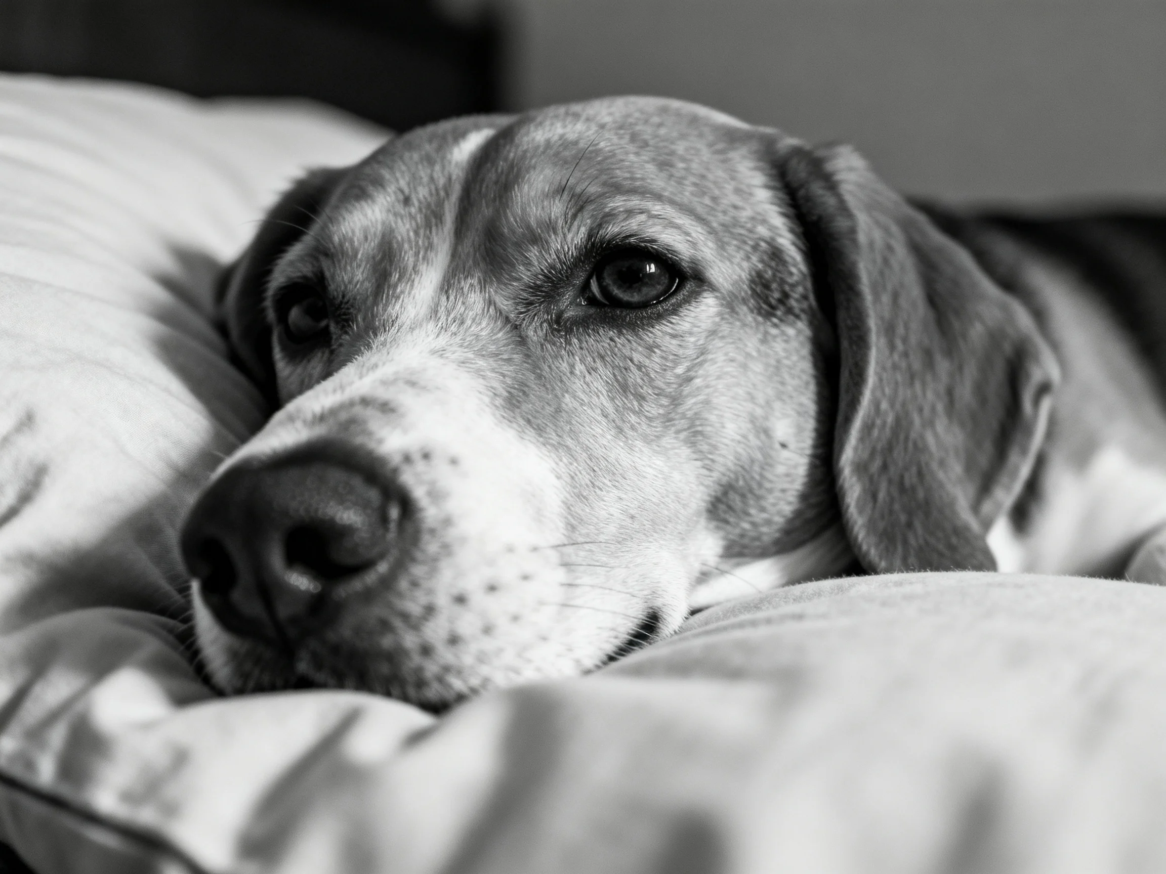 A dog rests peacefully on soft pillows in a black and white photograph.