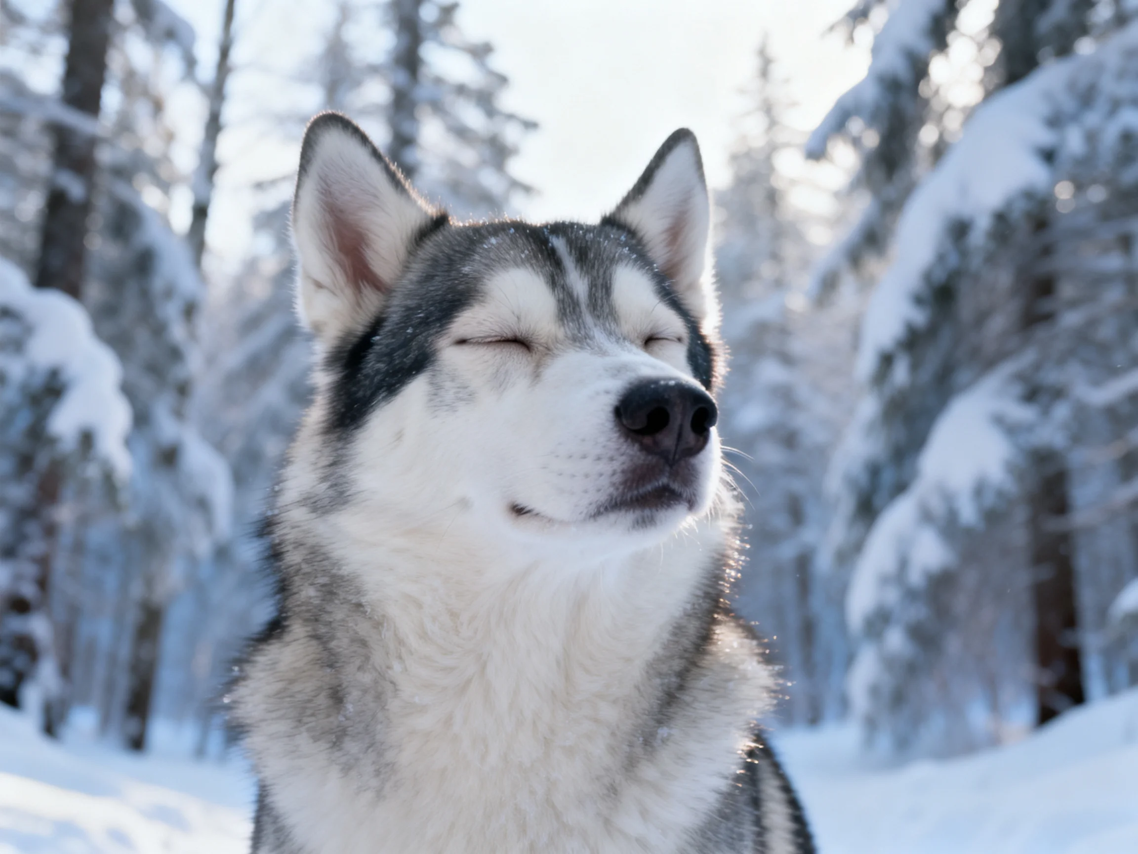 A serene husky rests amid snow -aden evergreen trees