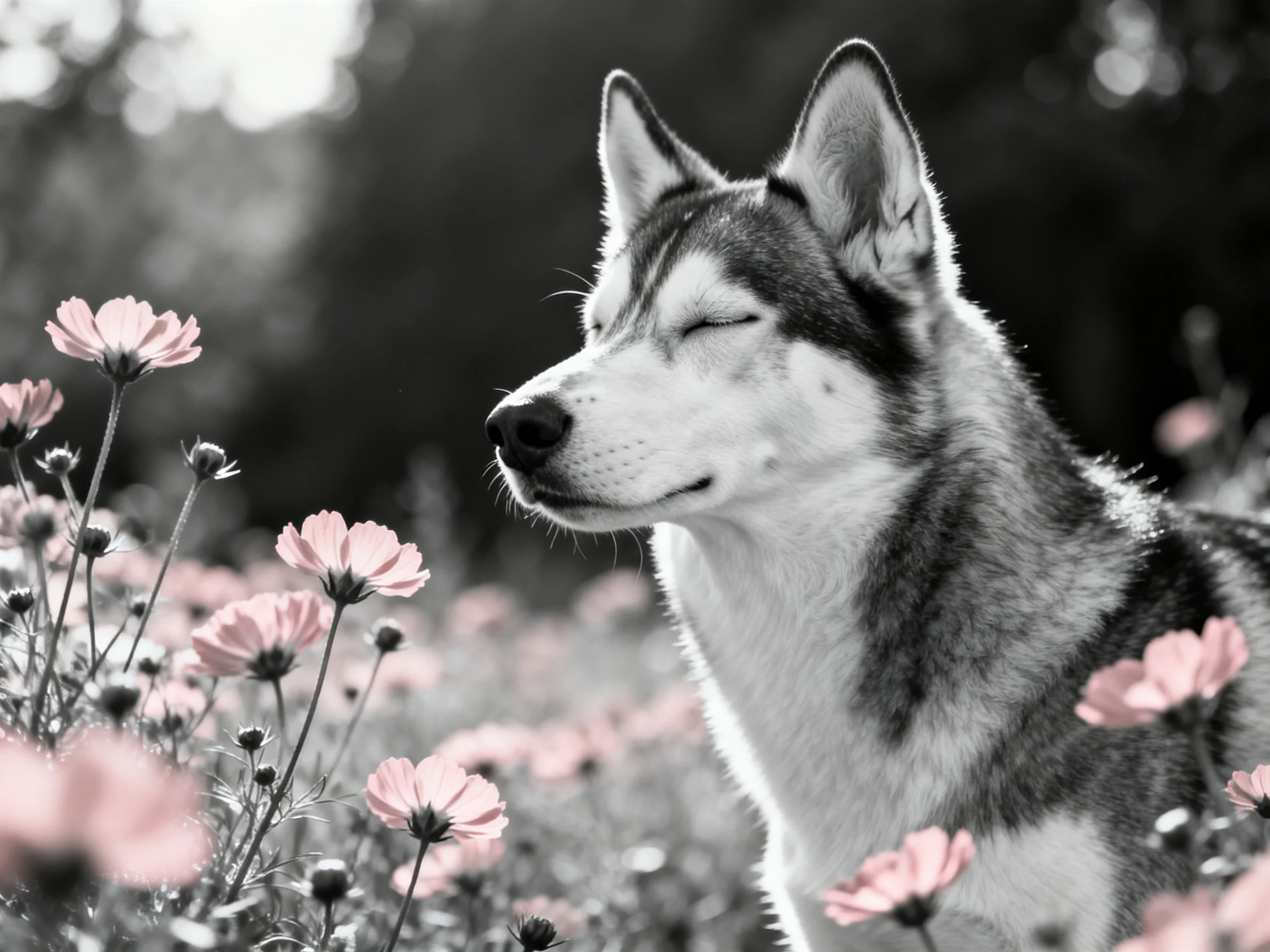 A husky dog relaxes amid pink flowers in a monochromatic outdoor scene.