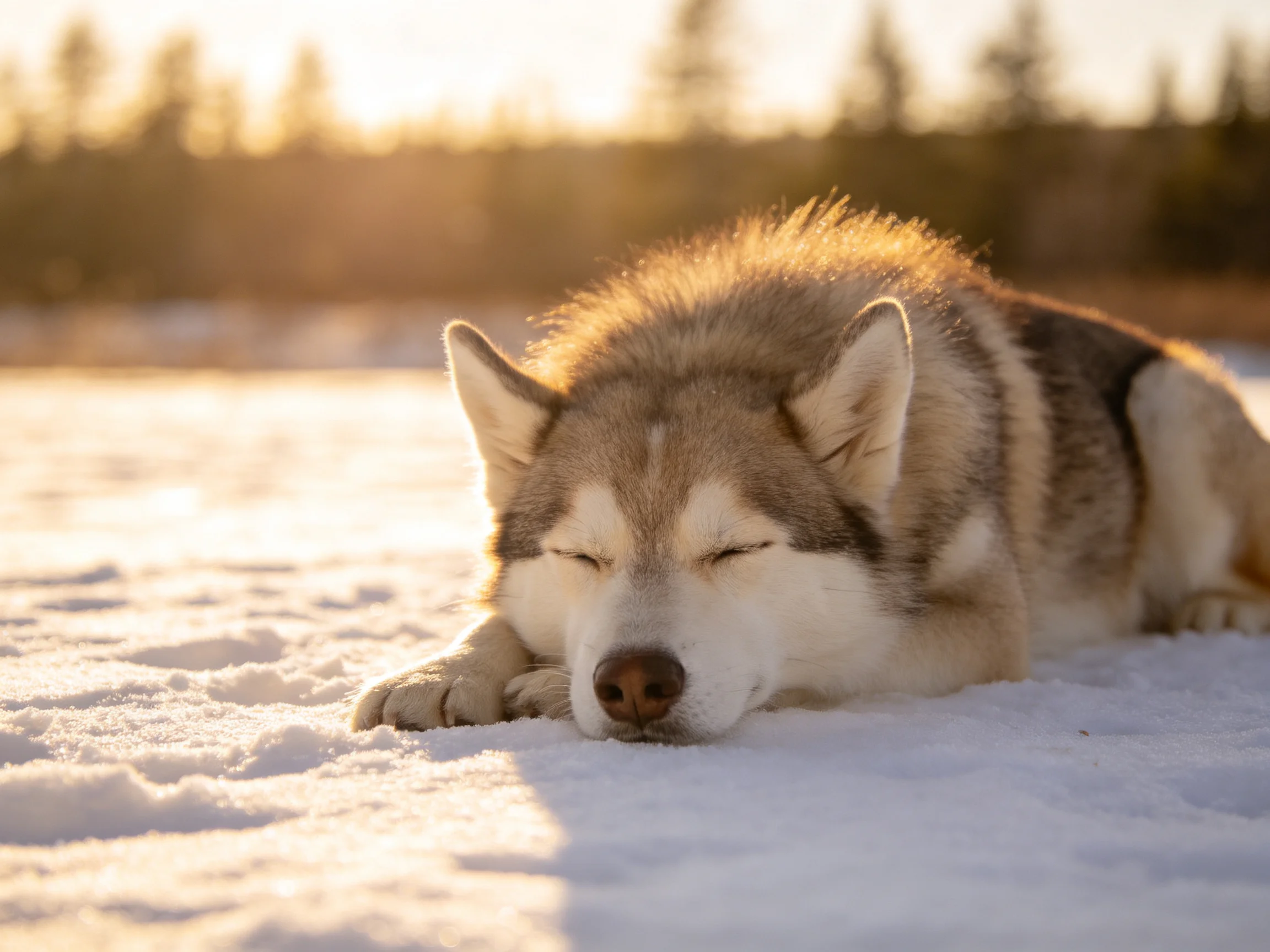 A serene husky rests on glistening white snow during golden hour