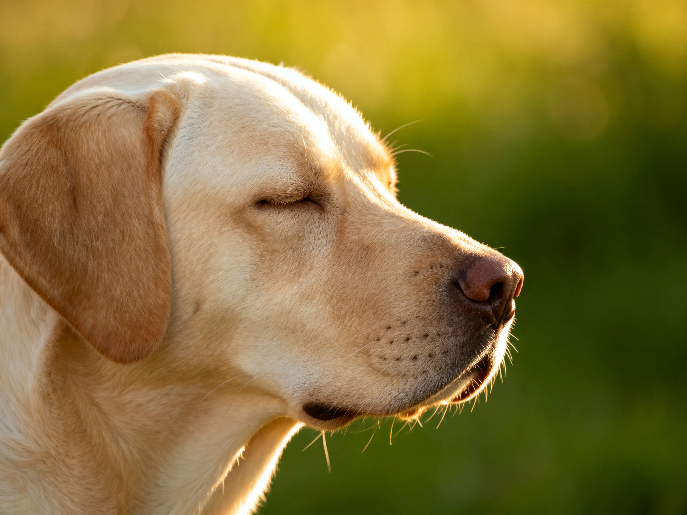 A serene yellow Labrador retriever with closed eyes in soft natural light