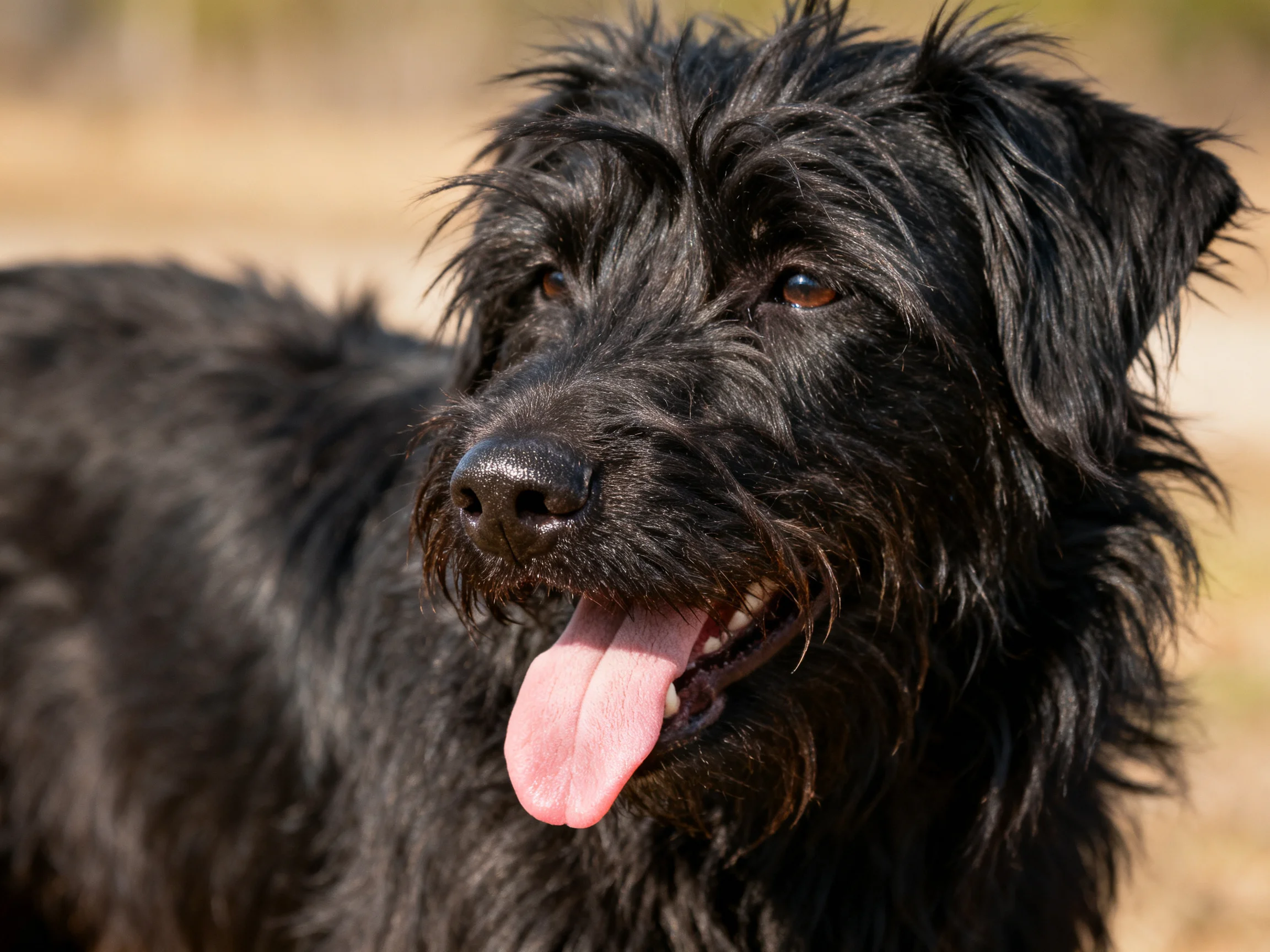 A shaggy black dog pants happily in an outdoor setting.