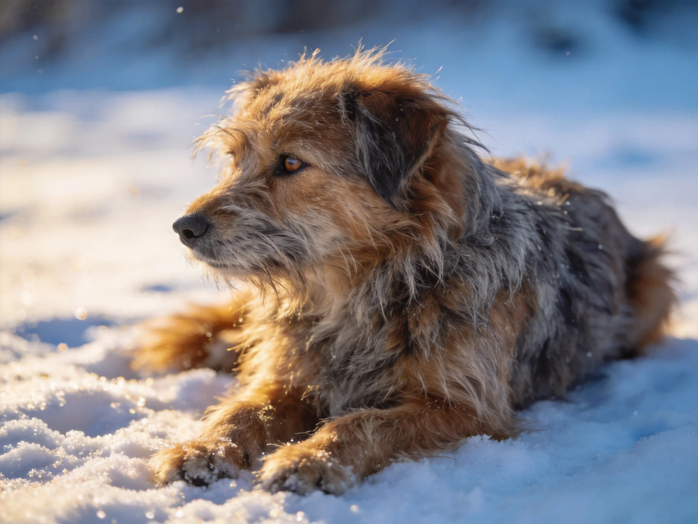 A shaggy brown and gray dog rests on glistening snow in a winter setting.