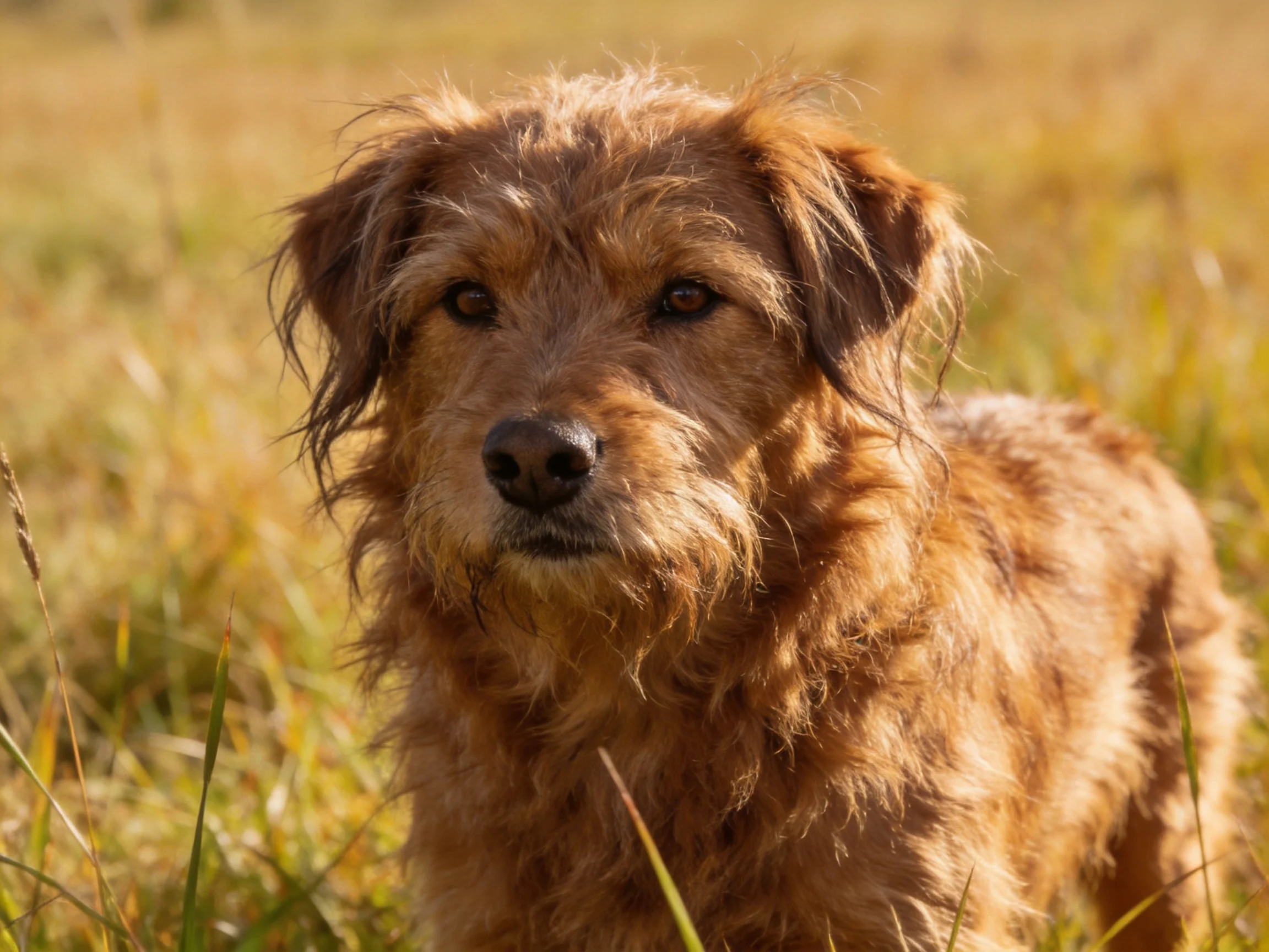 A shaggy brown dog stands in a sunlit field of tall grass