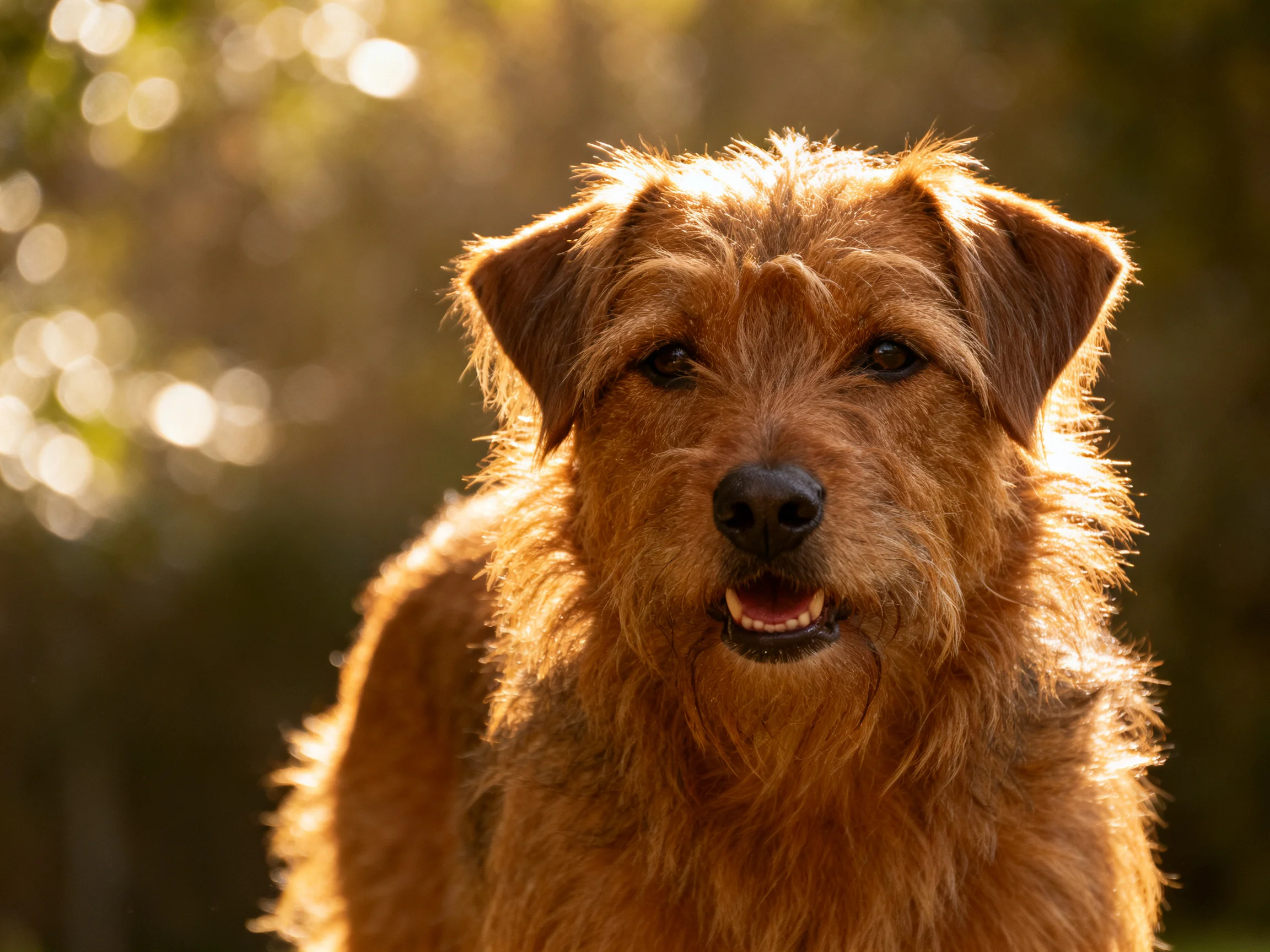 A shaggy brown dog is photographed outdoors in warm, golden light.