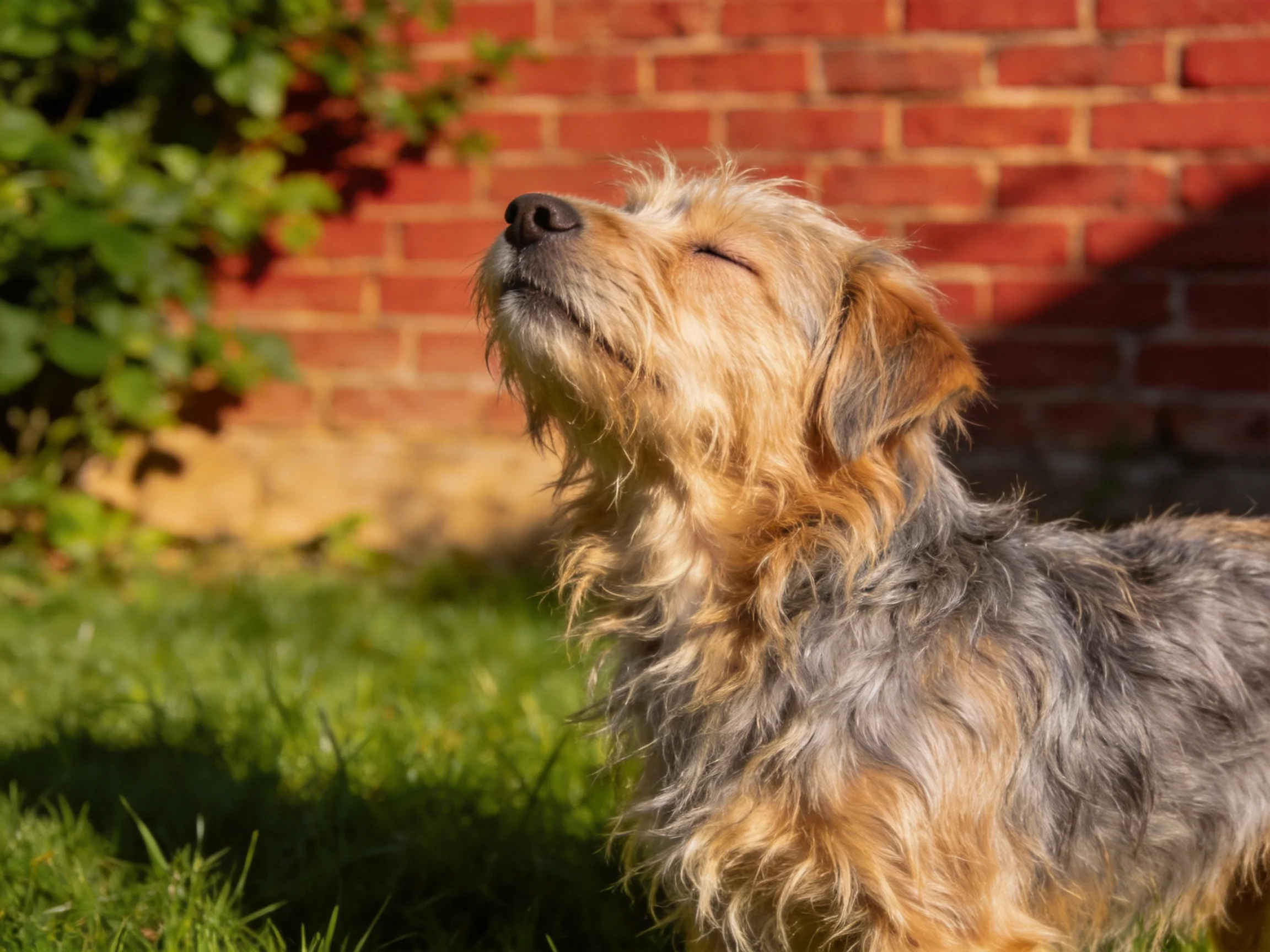 A shaggy brown-gray dog relaxes in sunlight near a red brick wall.