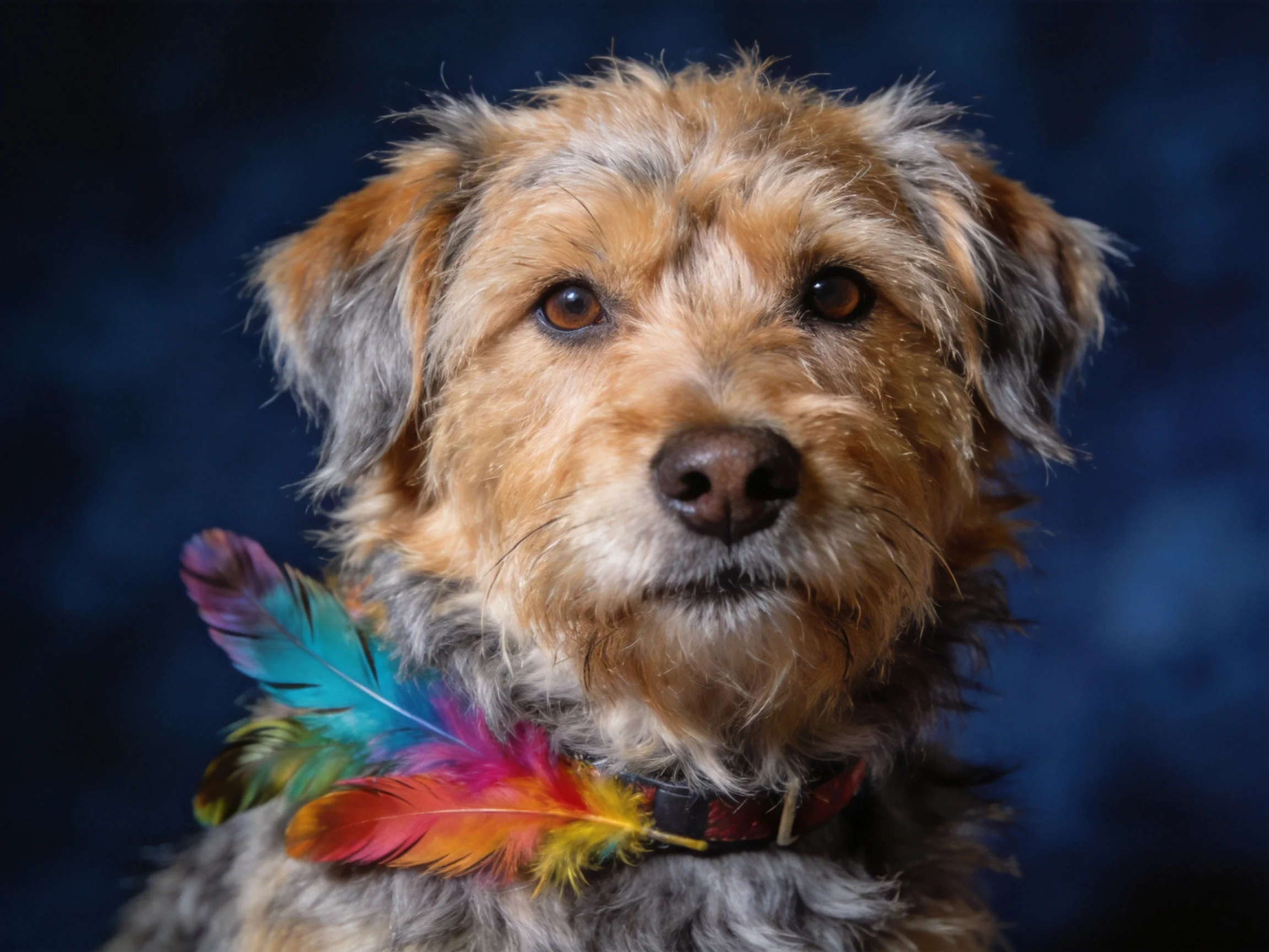A shaggy brown-gray dog with vibrant multicolored feathers around its neck