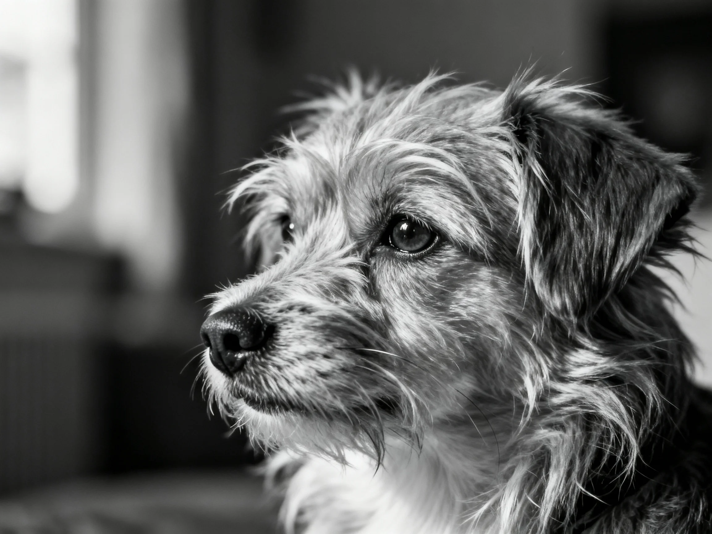 A shaggy-coated dog gazes thoughtfully in a black-and-white photograph.