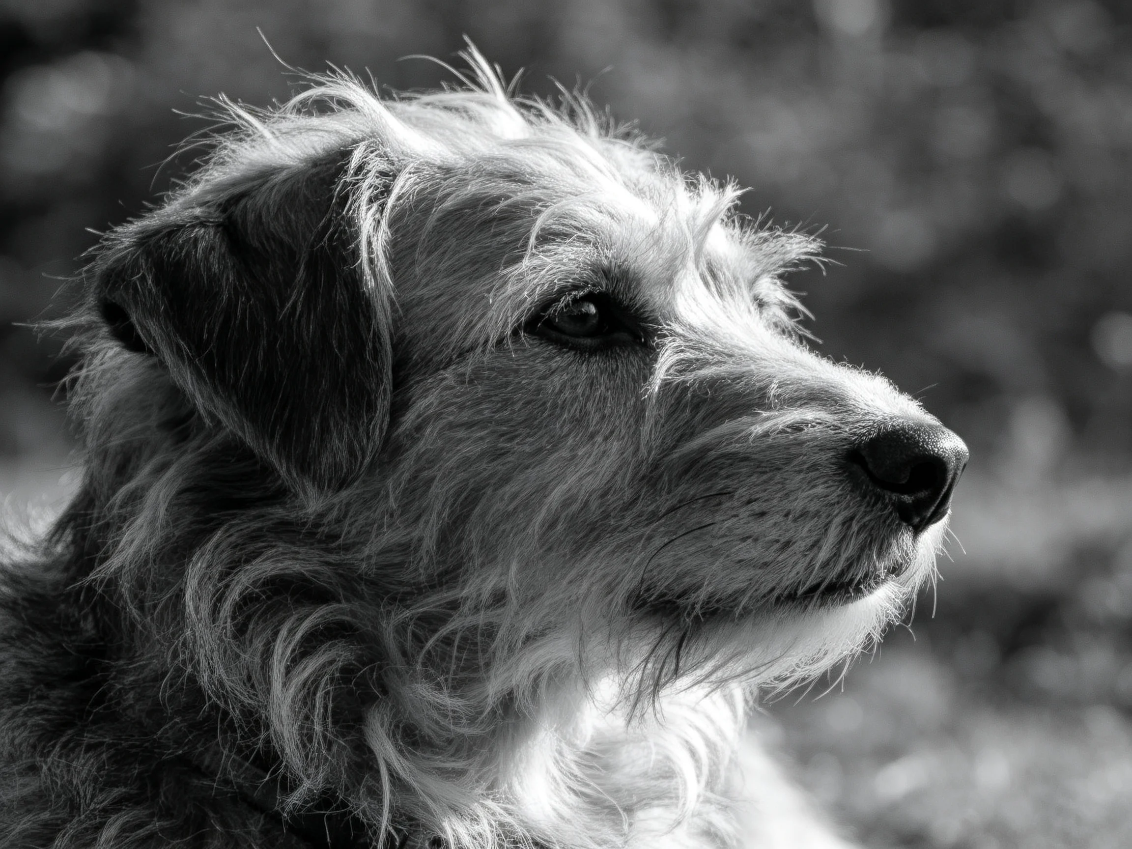 A shaggy-coated dog is featured in a high-contrast black and white photograph.