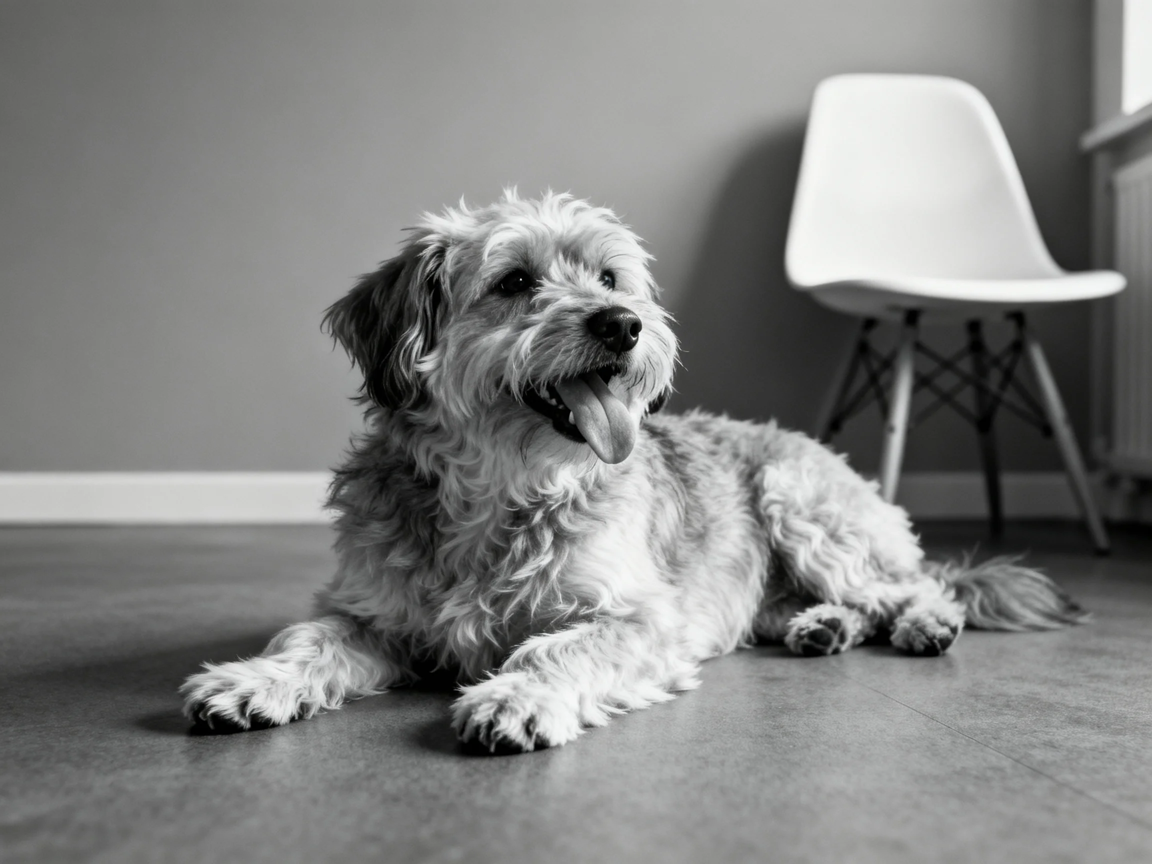 A shaggy dog rests near a modern chair in a monochrome room