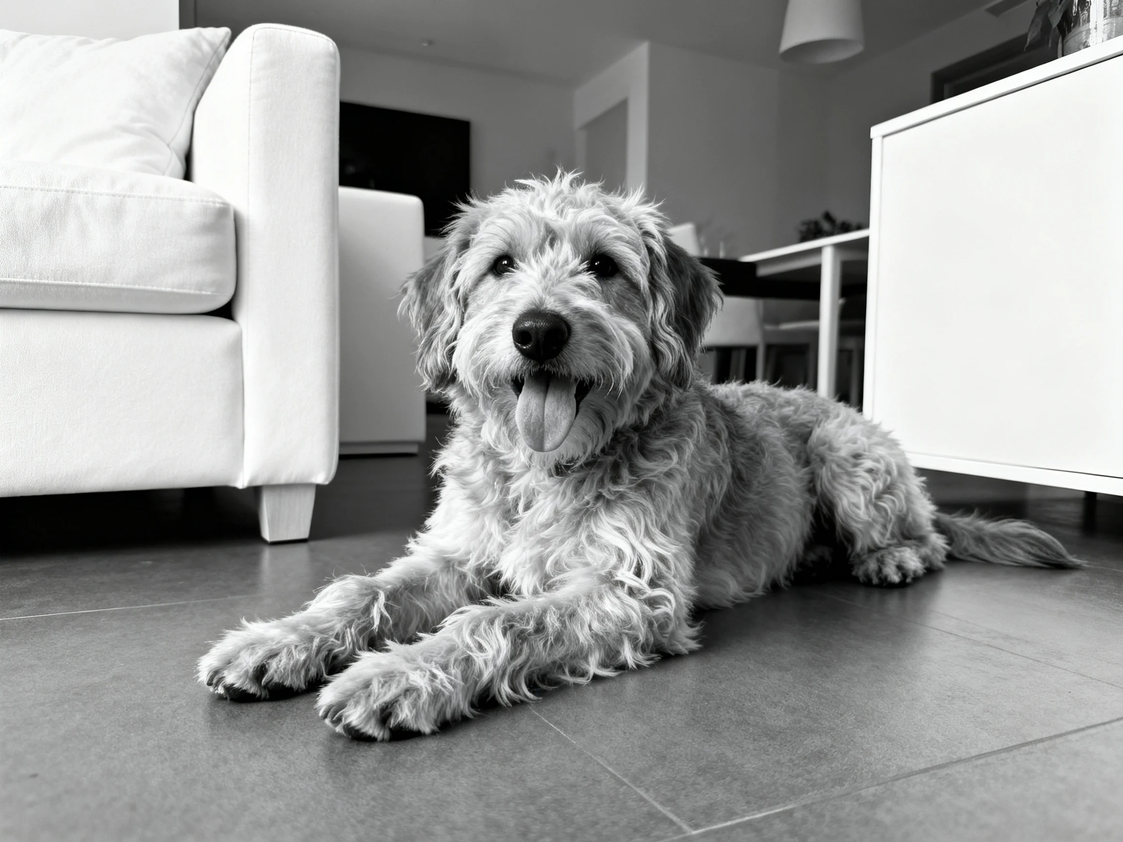 A shaggy dog rests on tiled flooring in a contemporary living room
