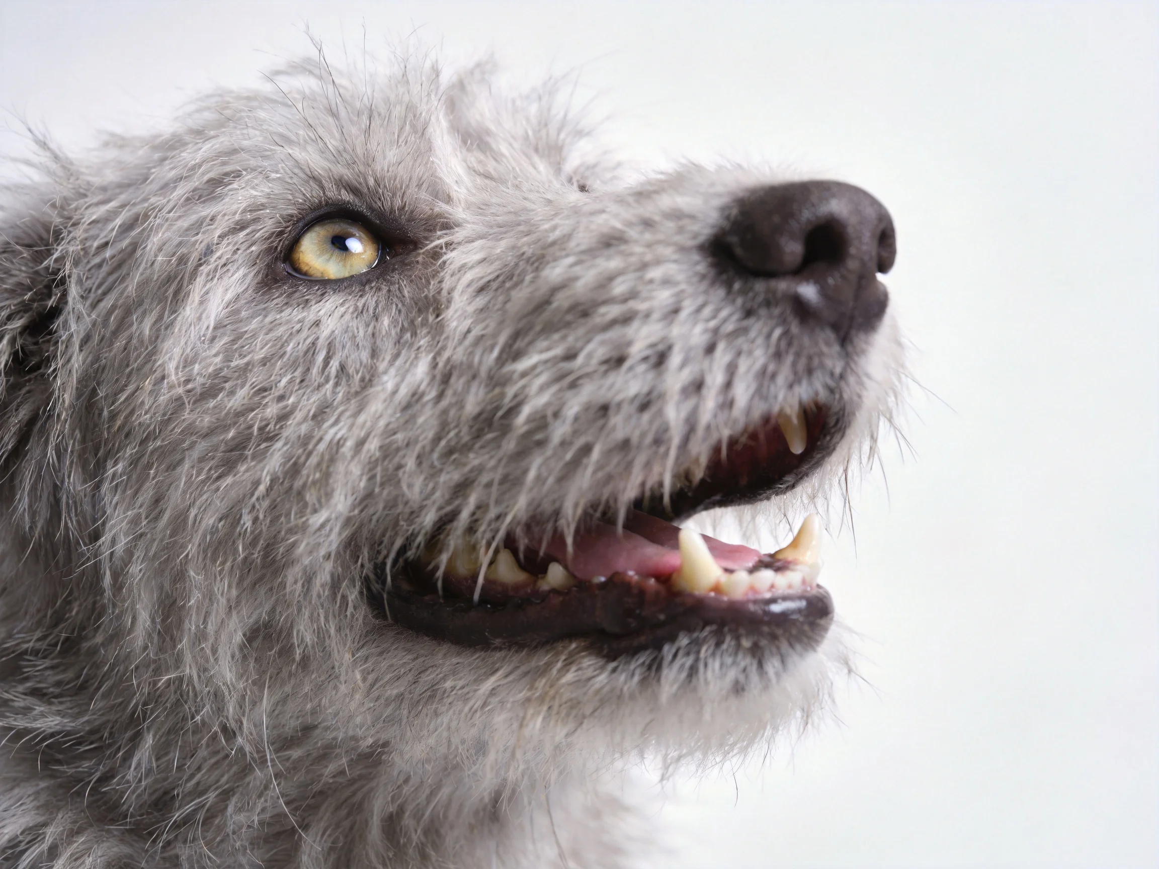 A shaggy graydog with an open mouth and bright eye is shown in a close - up.