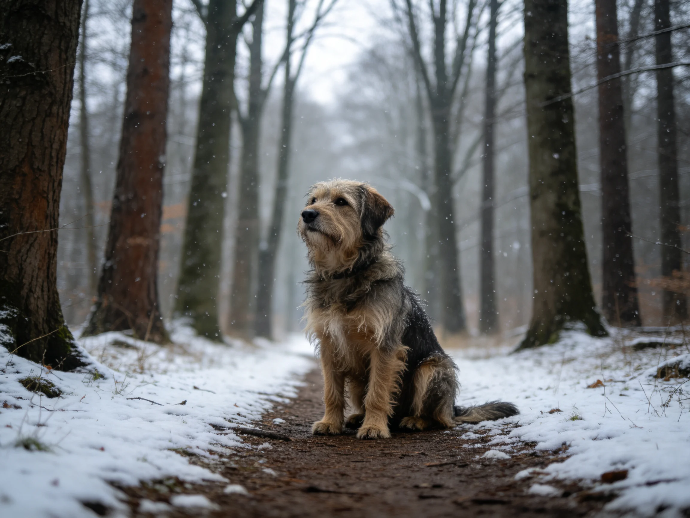 A shaggy mixed-breed dog sits on a snow-dusted forest path surrounded by tall trees