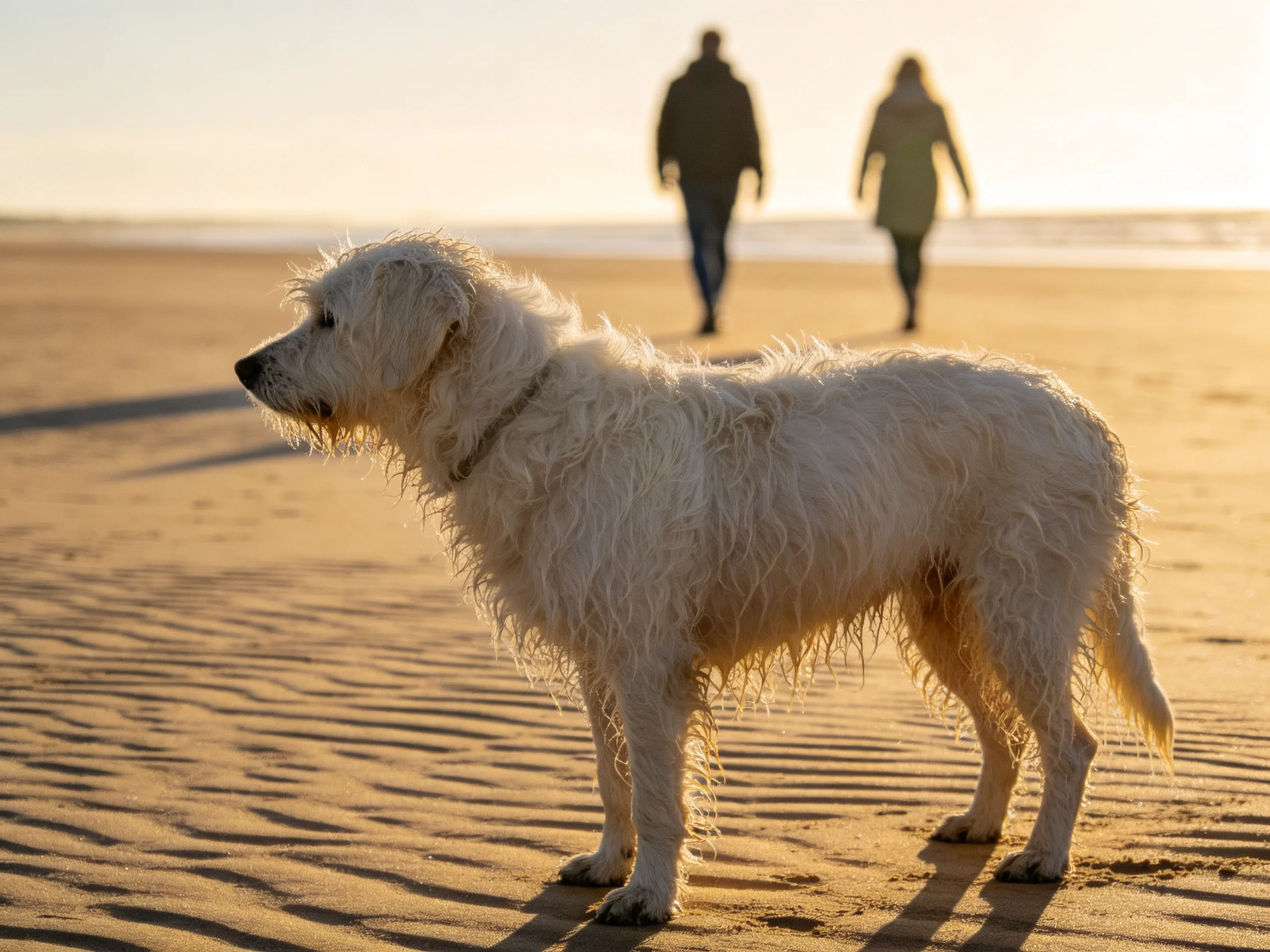 A shaggy white dog stands on a sandy beach with two people walking away.