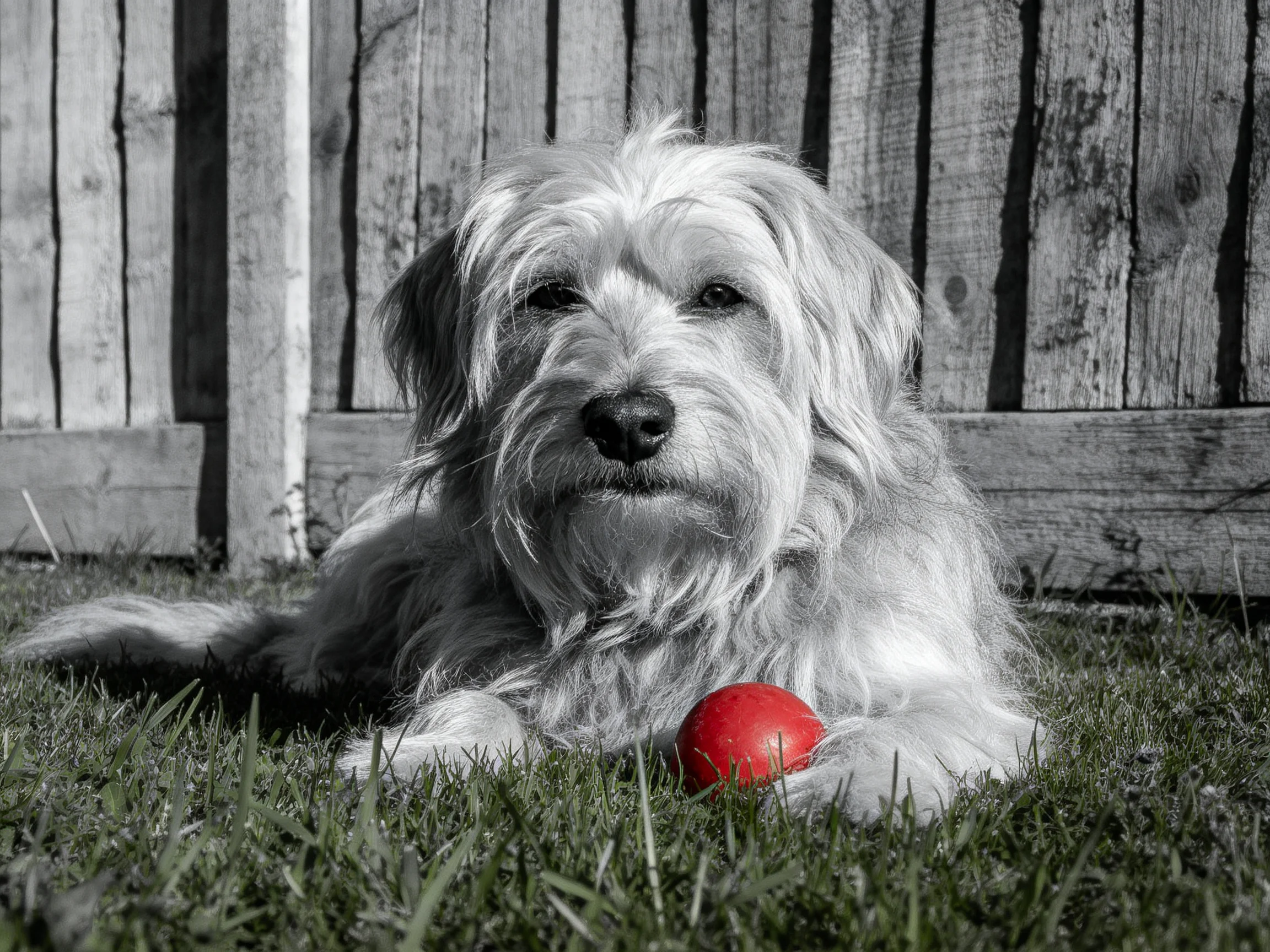 A shaggy white dog relaxes beside a bright red ball byan aged wooden fence
