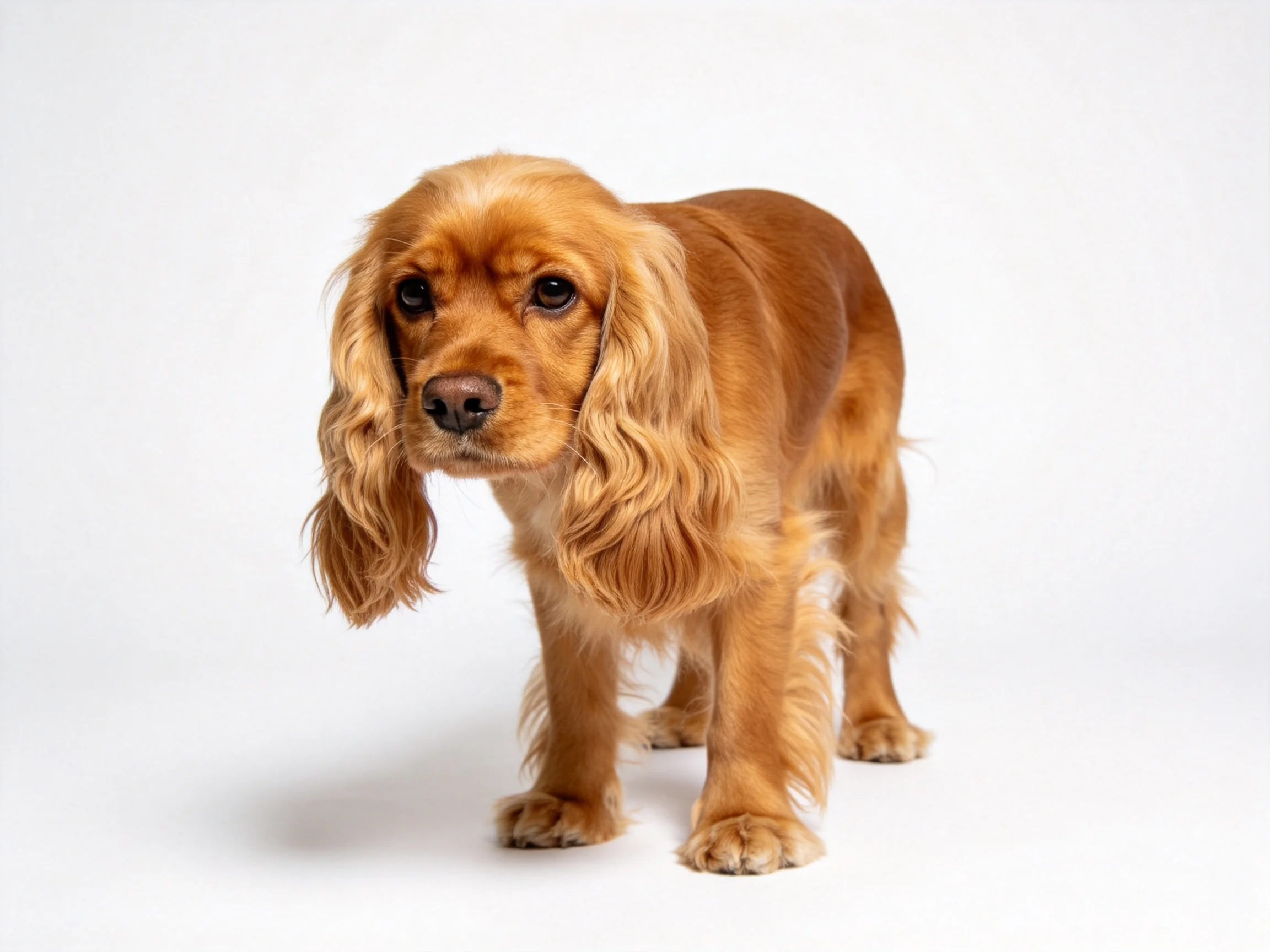 A single golden-brown Cocker Spaniel poses on a white backdrop