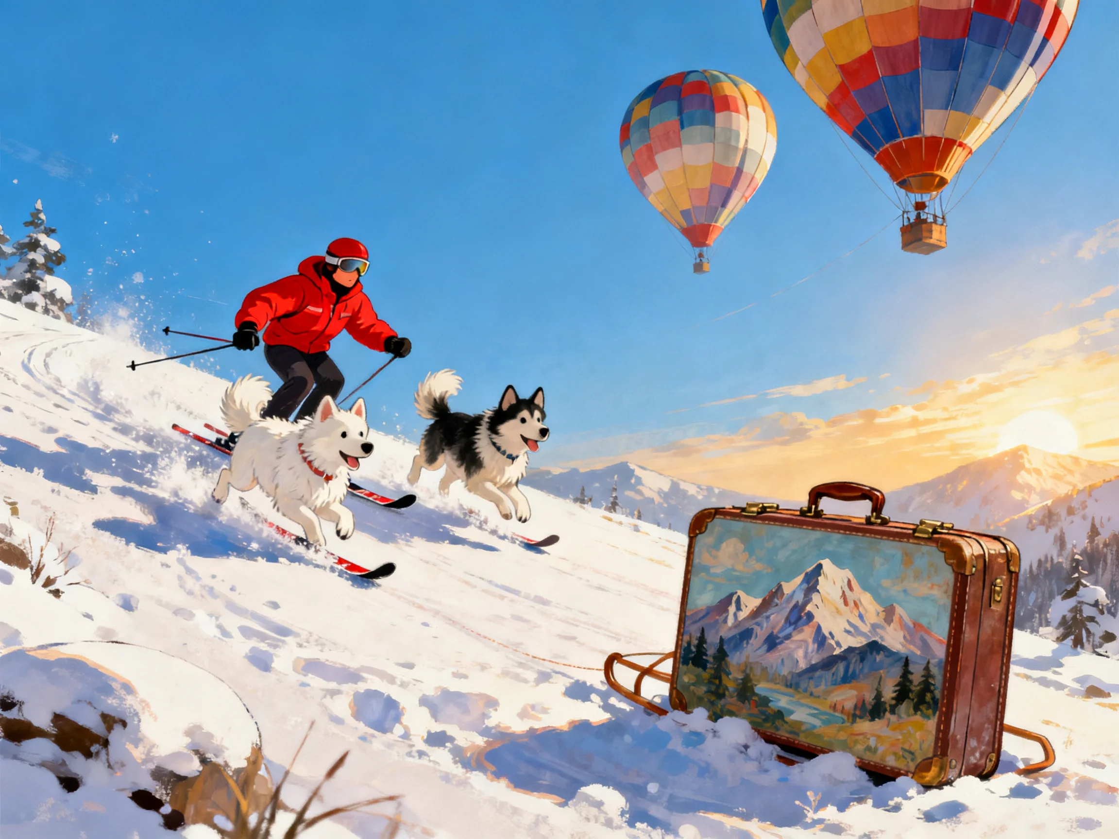 A skier skiing with two dogs near colorful hot air balloons