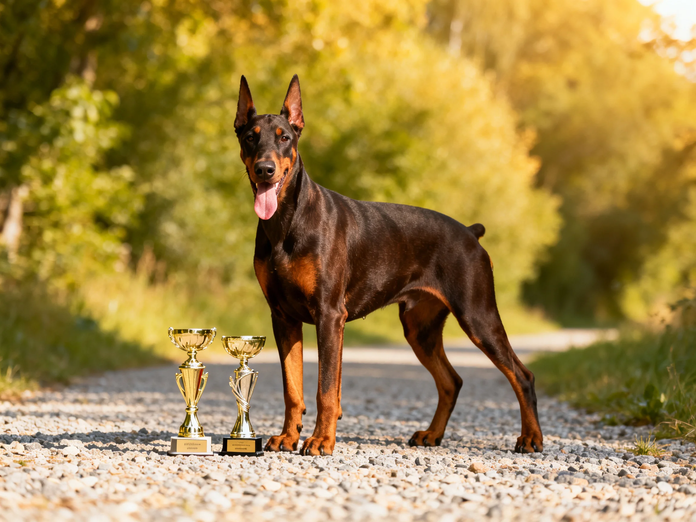 A sleek Doberman stands beside two golden trophies on a sunlit gravel path