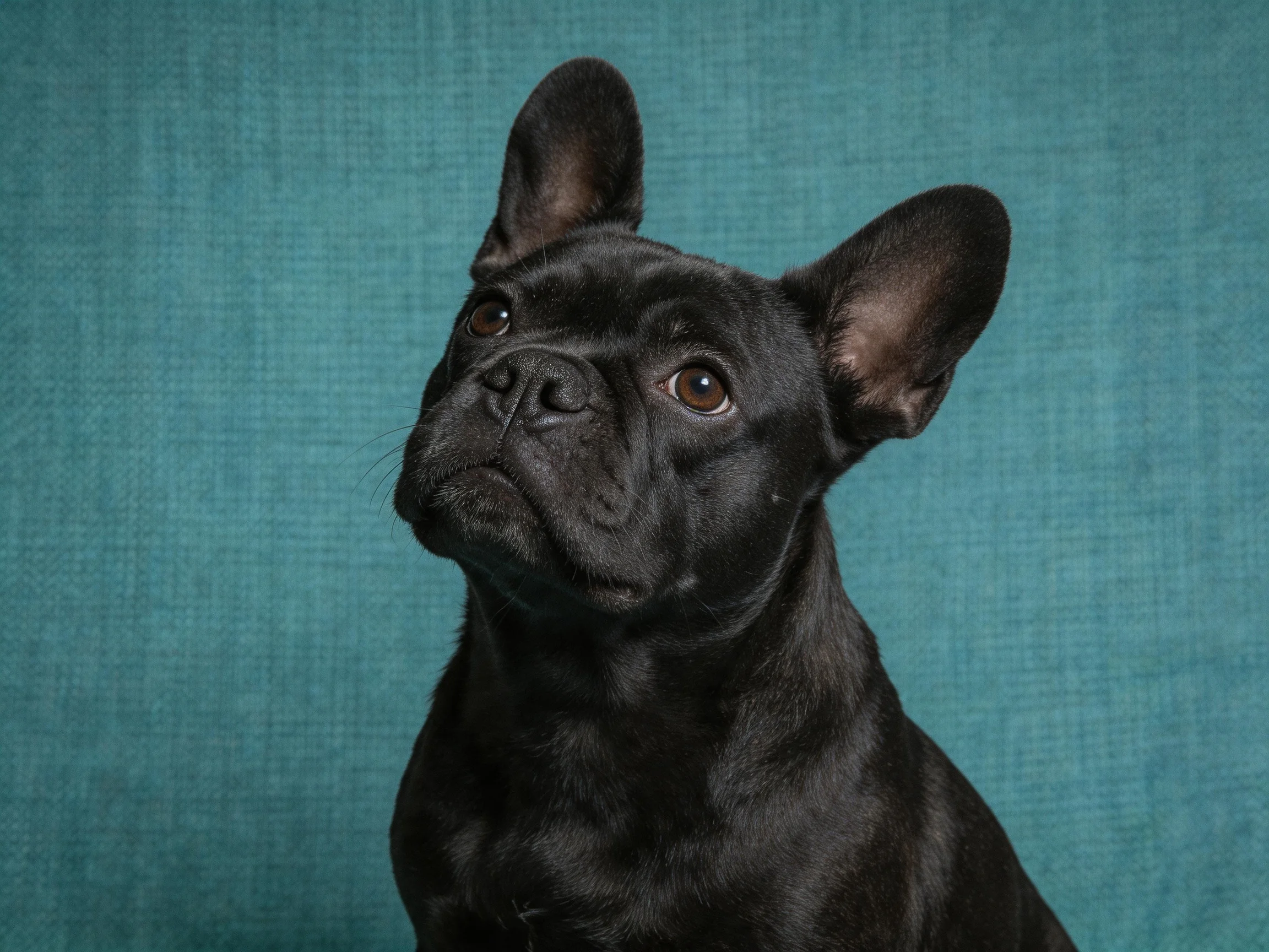 A sleek black French Bulldog posed against a textured teal backdrop