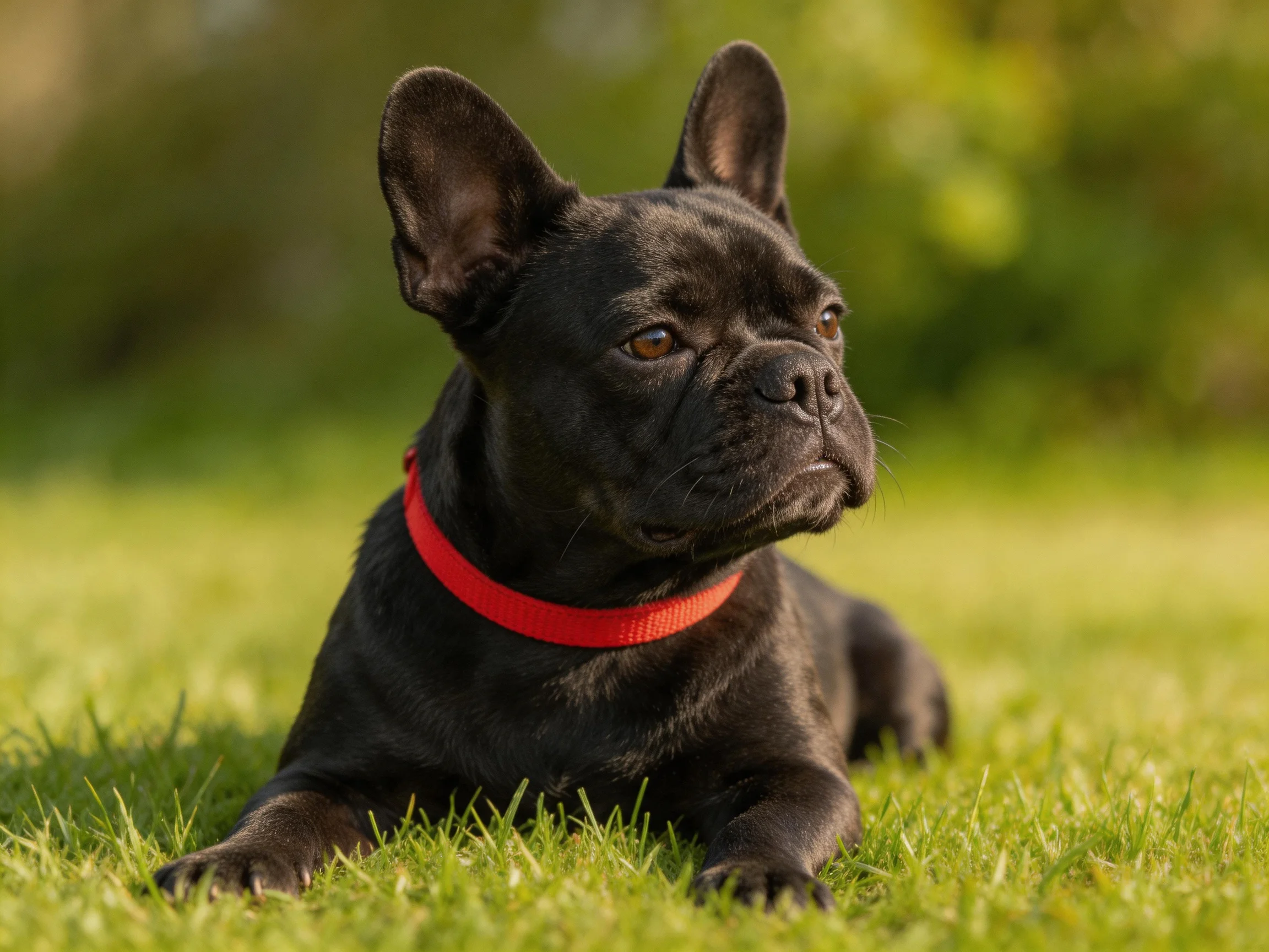 A sleek black French bulldog rests on vibrant green grass with a bright red collar