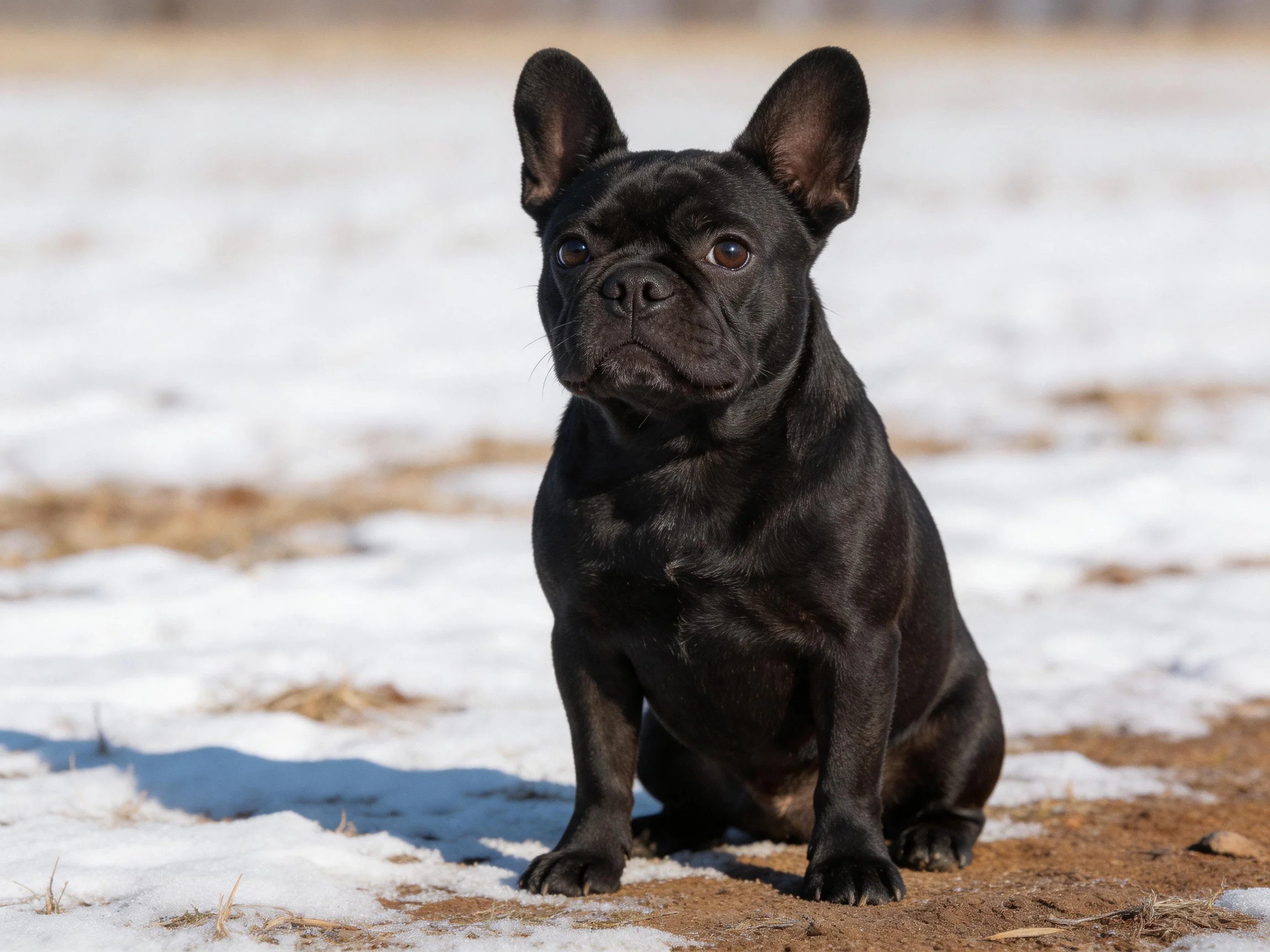 A sleek black French bulldog sits on a snowy field