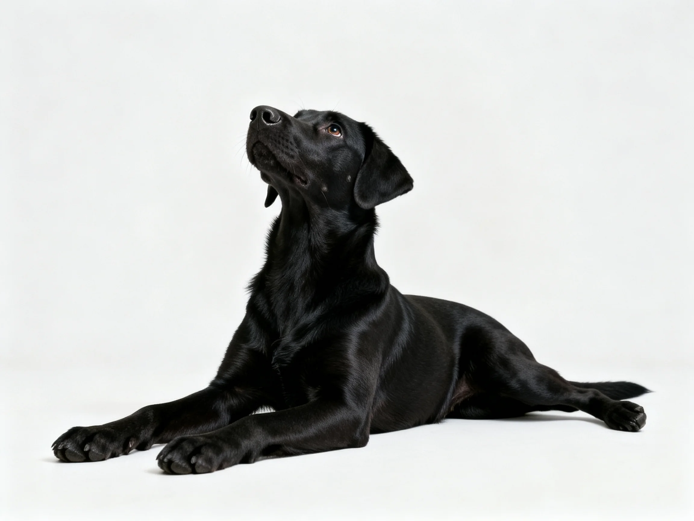 A black Labrador Retriever lies calmly on a plain white surface