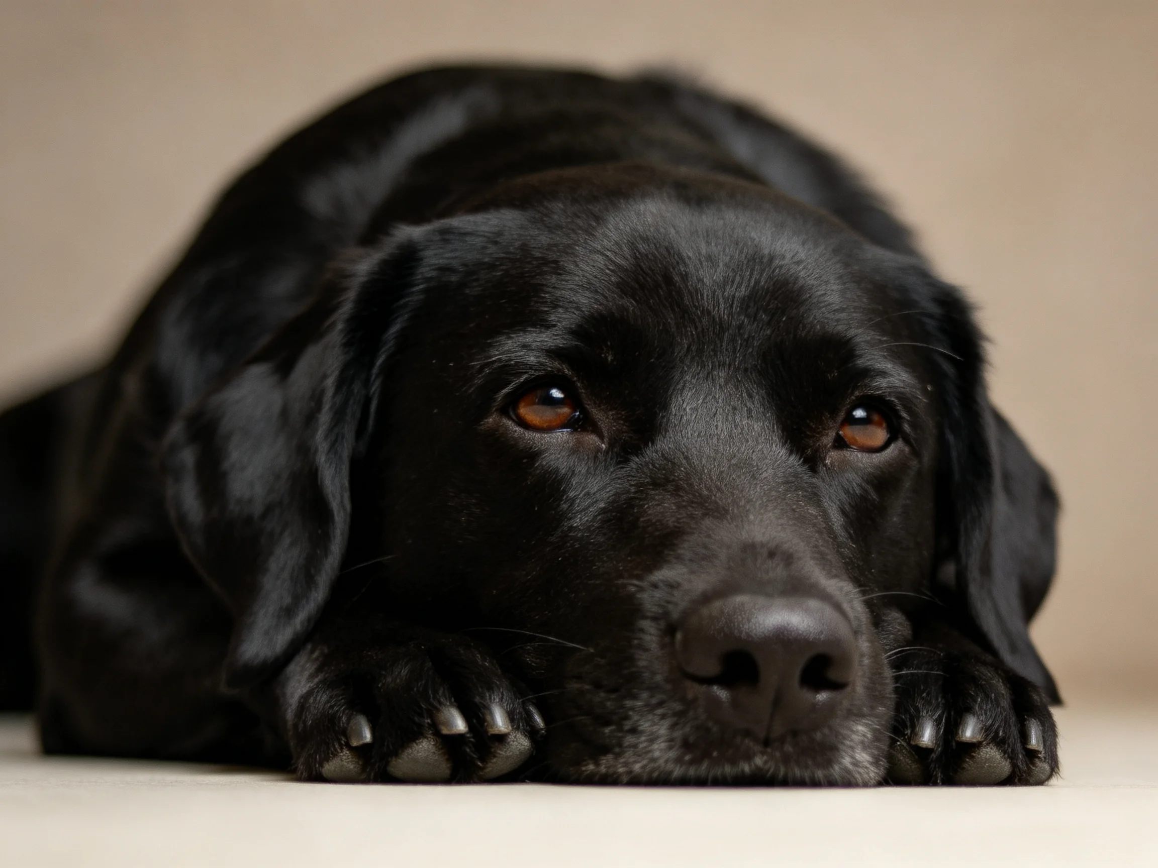 A black Labrador Retriever lies calmly on a neutral surface