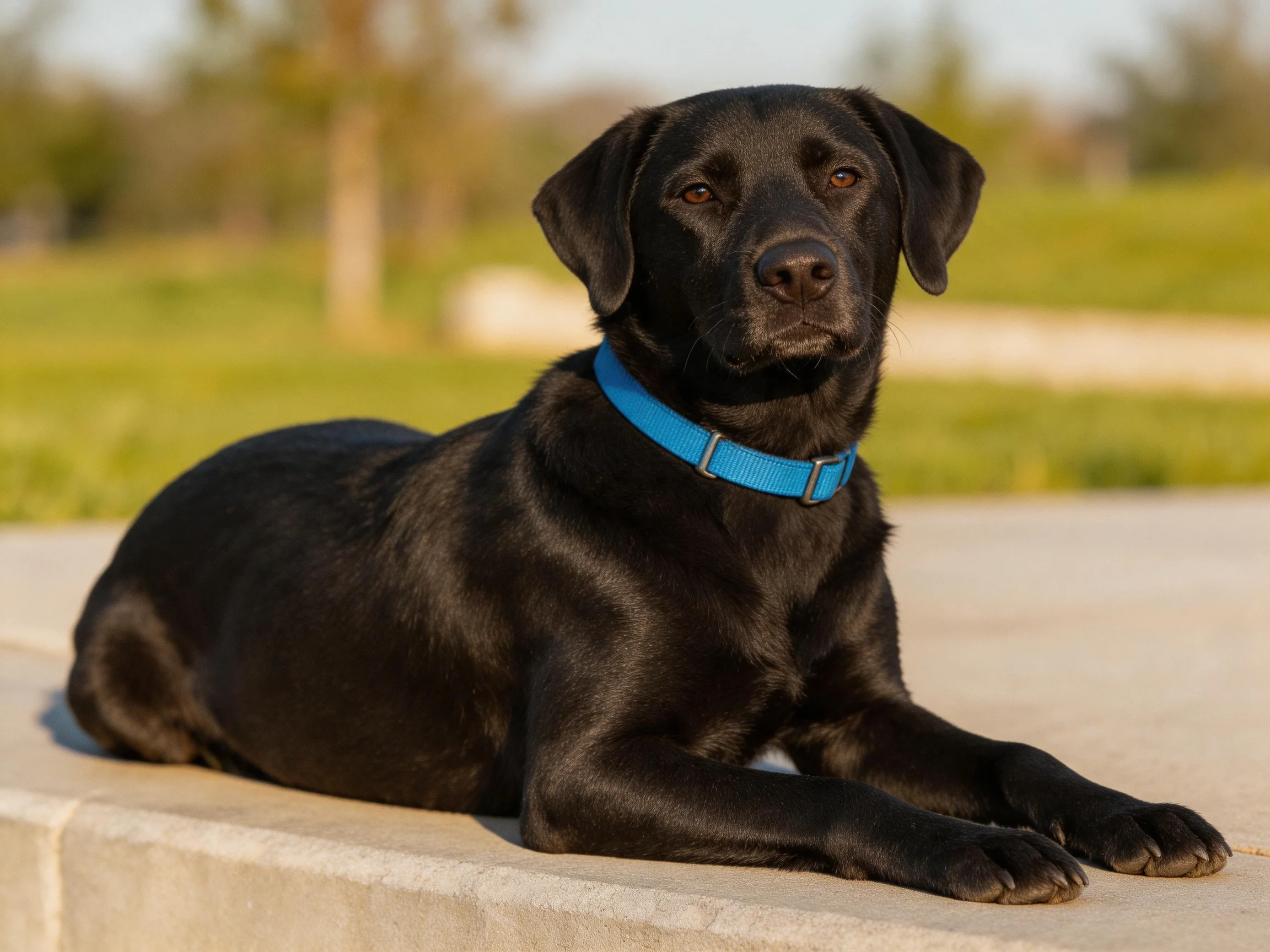 A sleek black Labrador rests on a concrete ledge with a bright blue collar