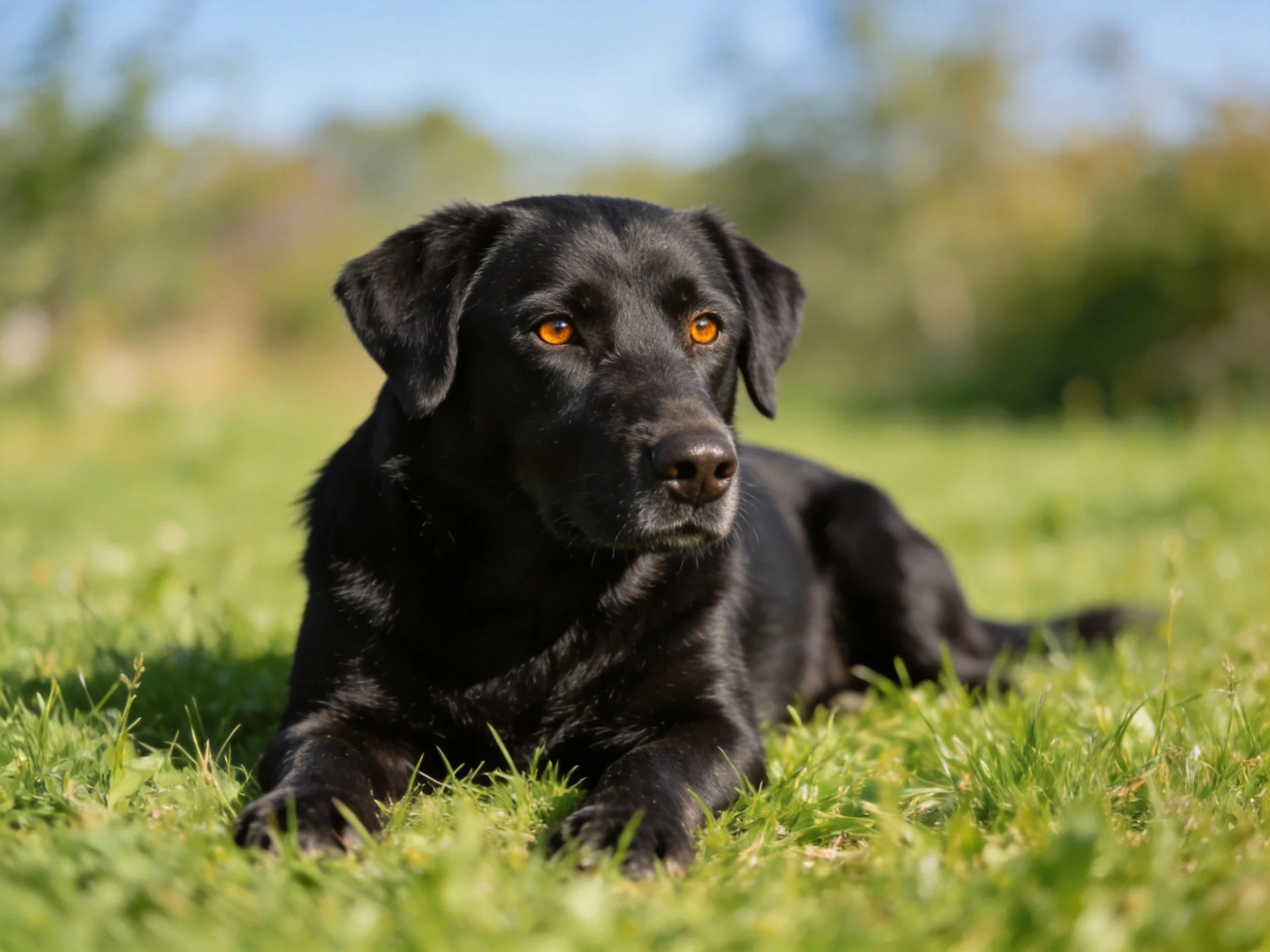 A black Labrador lies calmly on lush grass in a sunlit outdoor area.