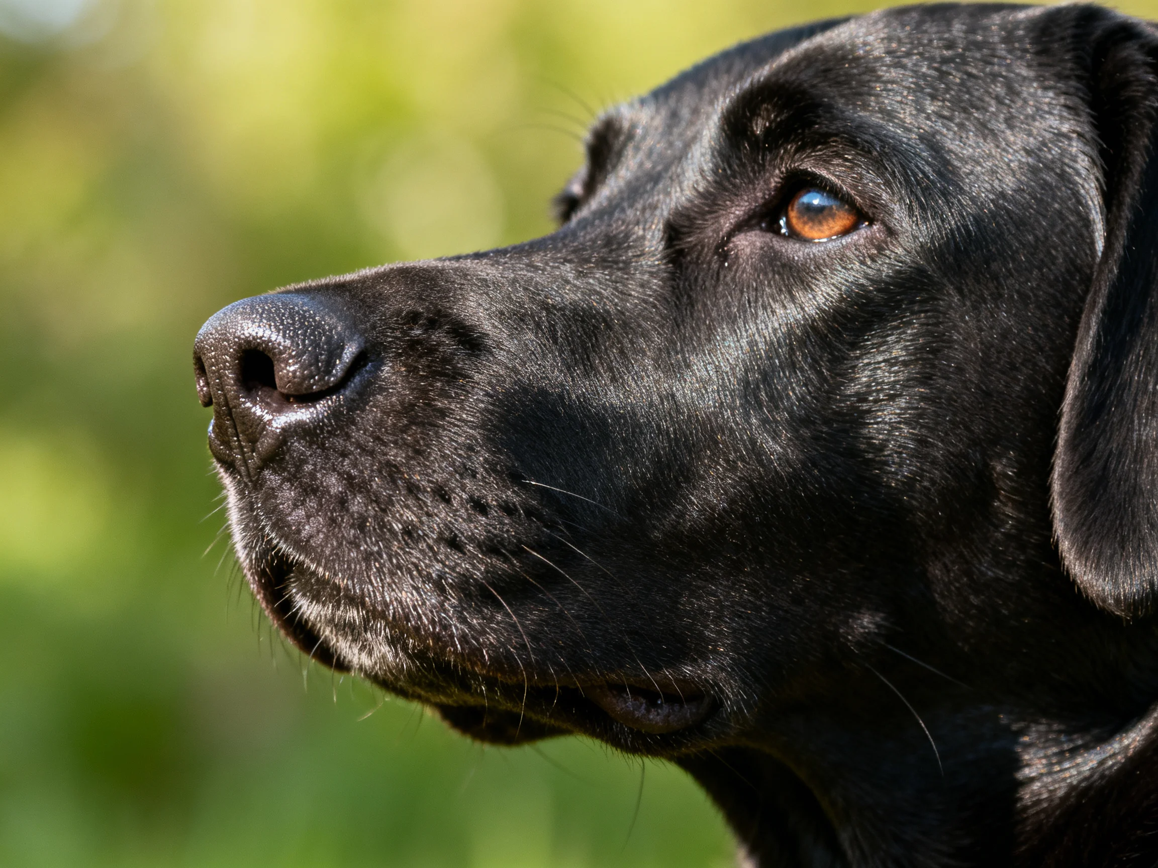 A close - up of a sleek black Labrador retriever gazing into the distance.