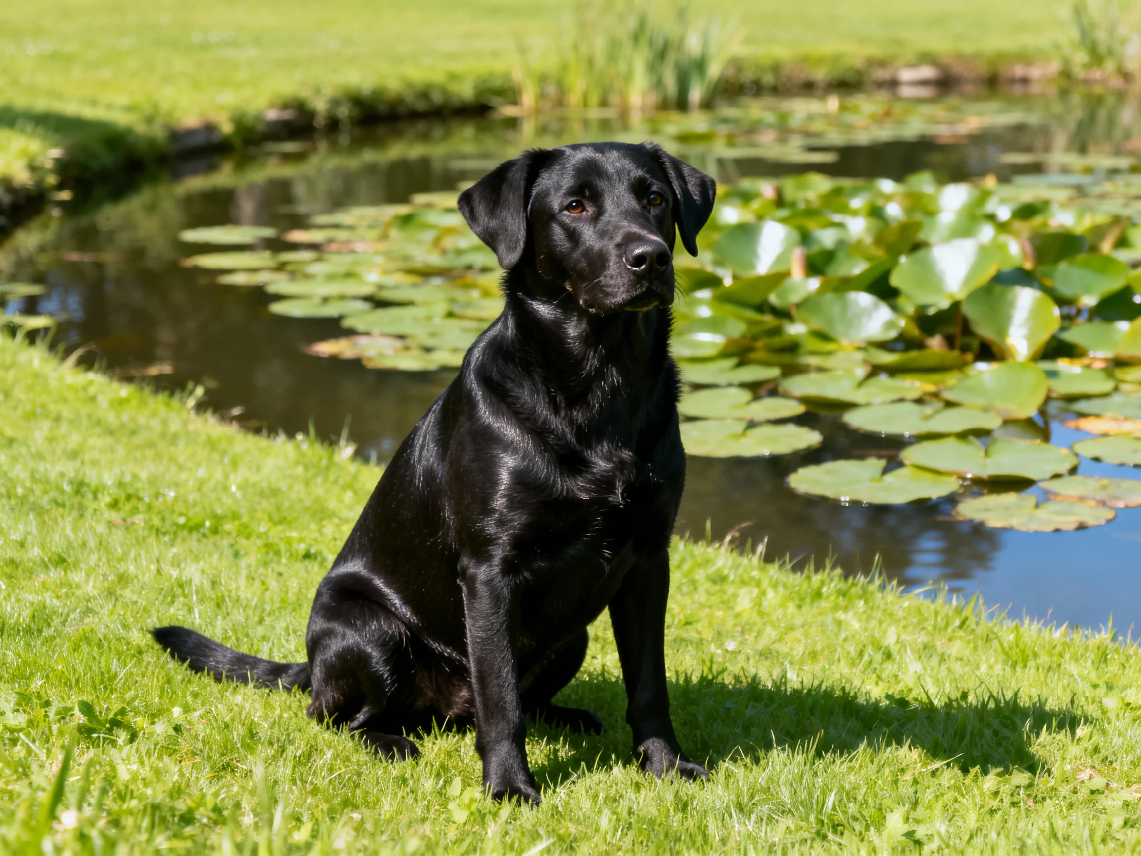 A black Labrador sits calmly on grass near a pond with lily pads.