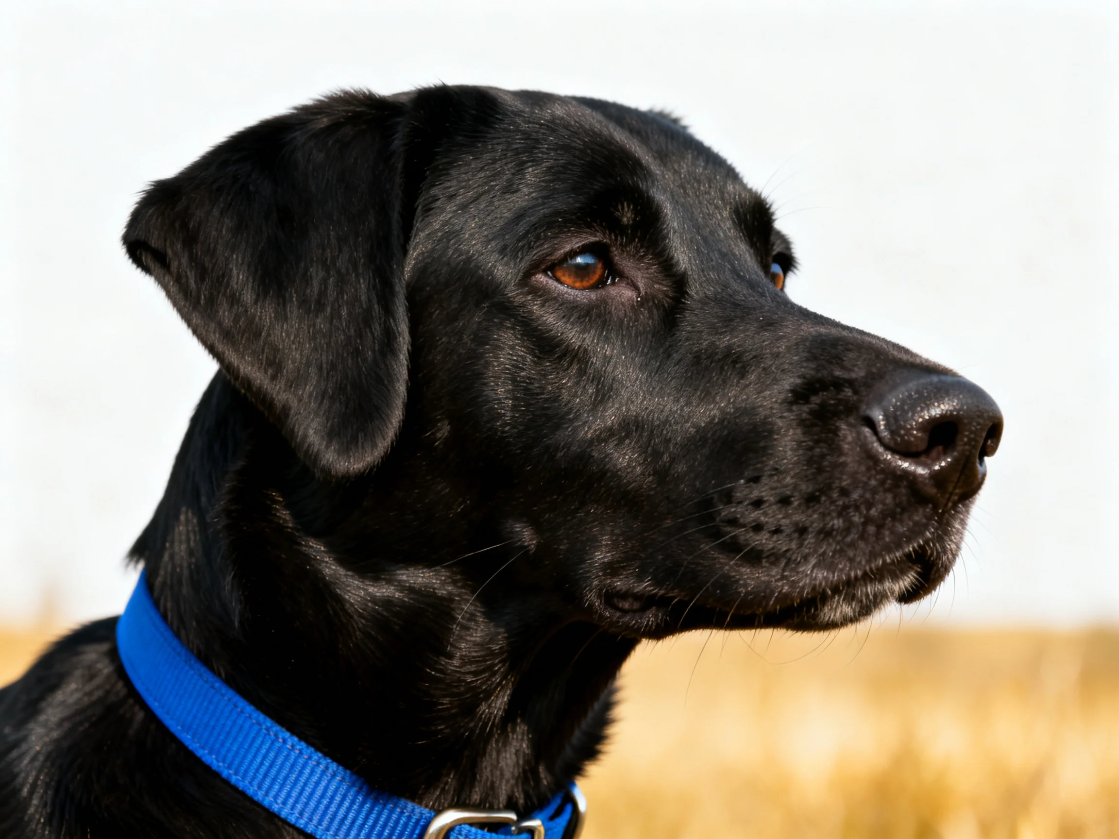 A close - up of a sleek black Labrador with a blue collar in an outdoor setting.