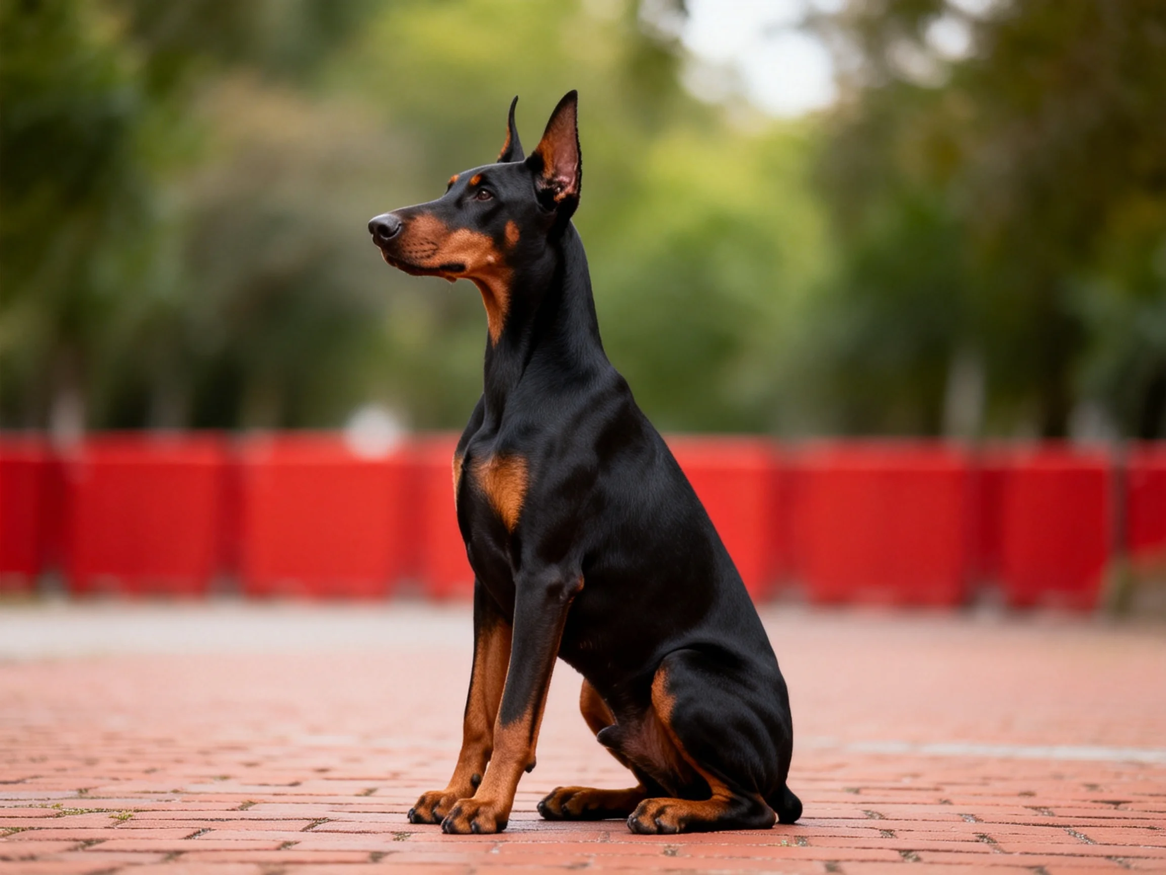 A sleek black and tan Doberman sits alertly on a brick path