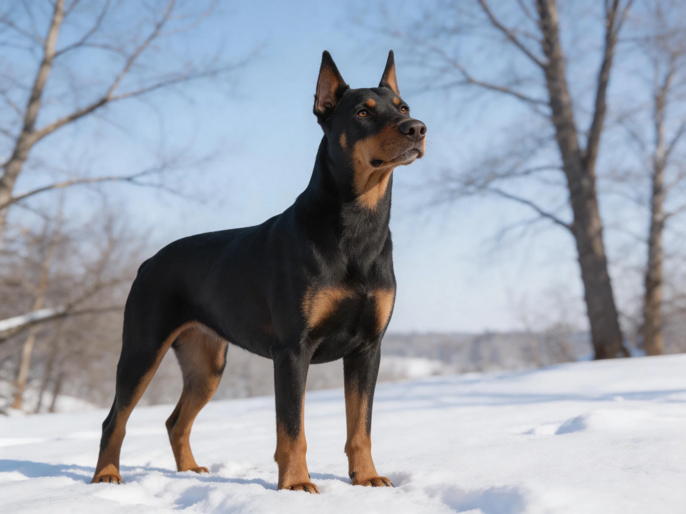 A Doberman stands alert in a snowy landscape with bare trees