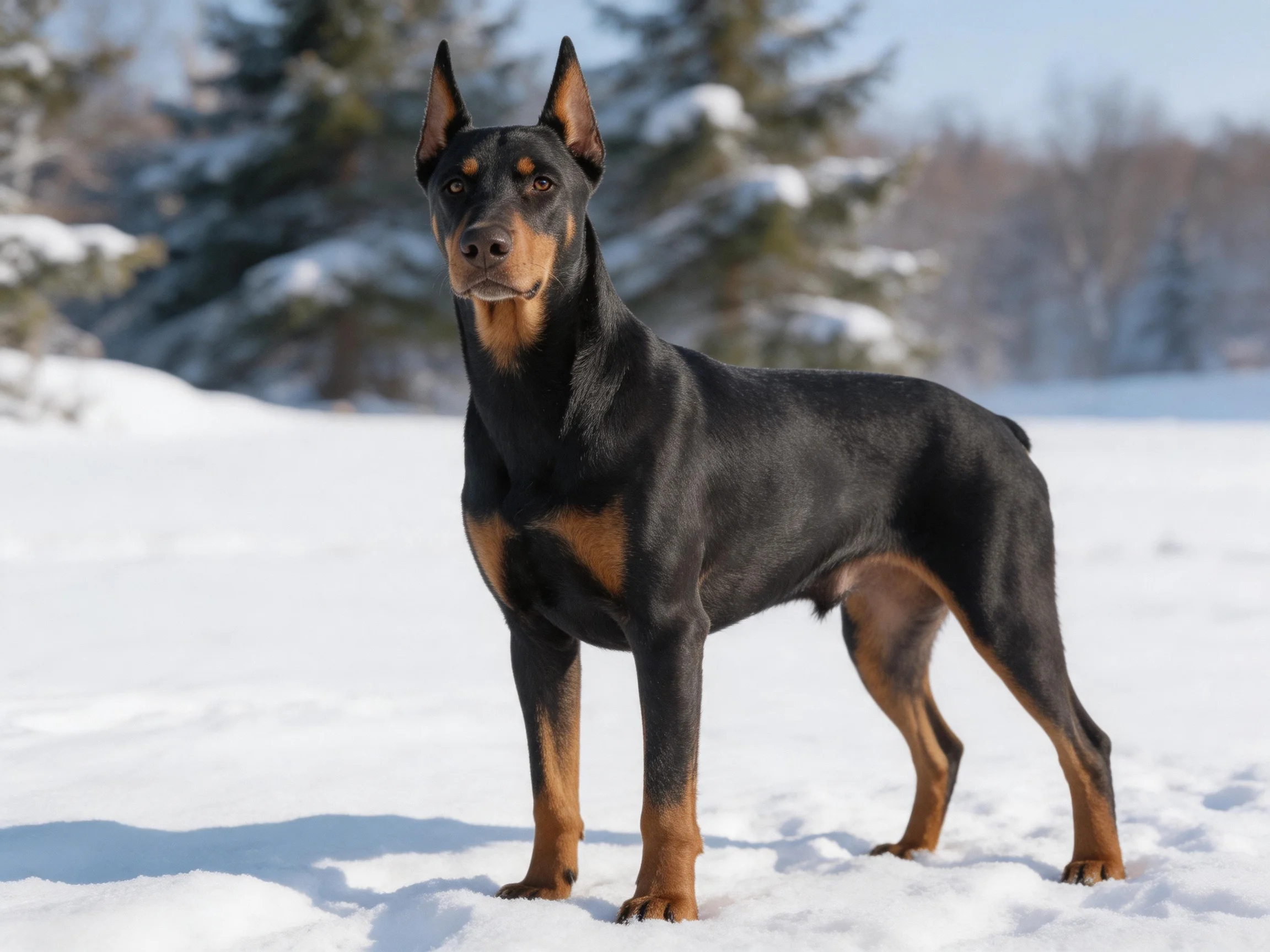 A Doberman stands alert in a snowy outdoor setting.