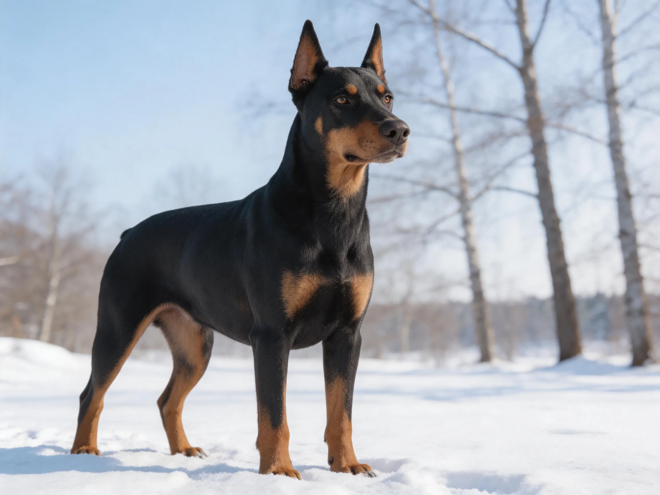 A sleek black and tan Doberman stands on snow-covered terrain