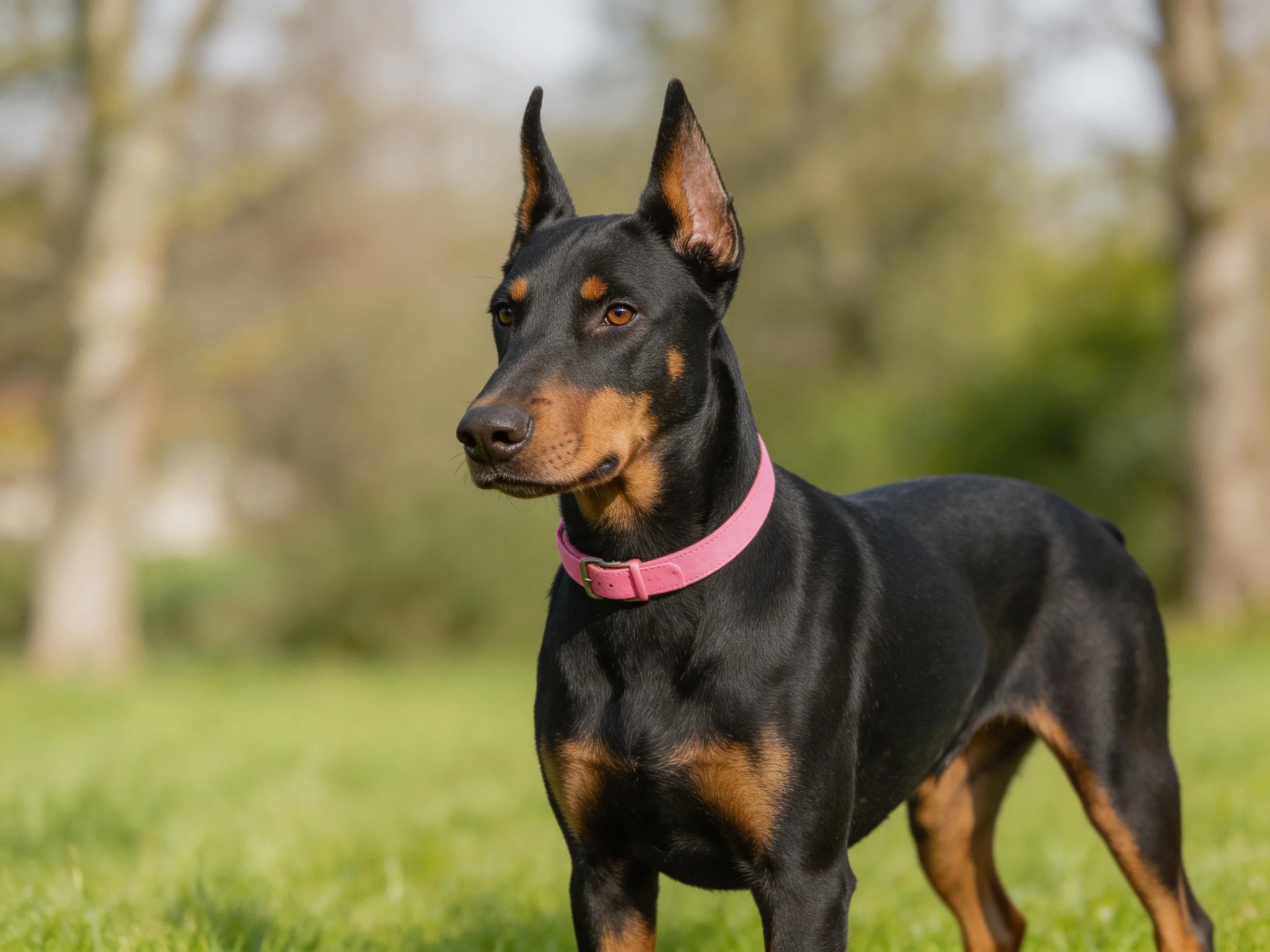 A black and tan Doberman with a pink collar stands alert in a grassy area.