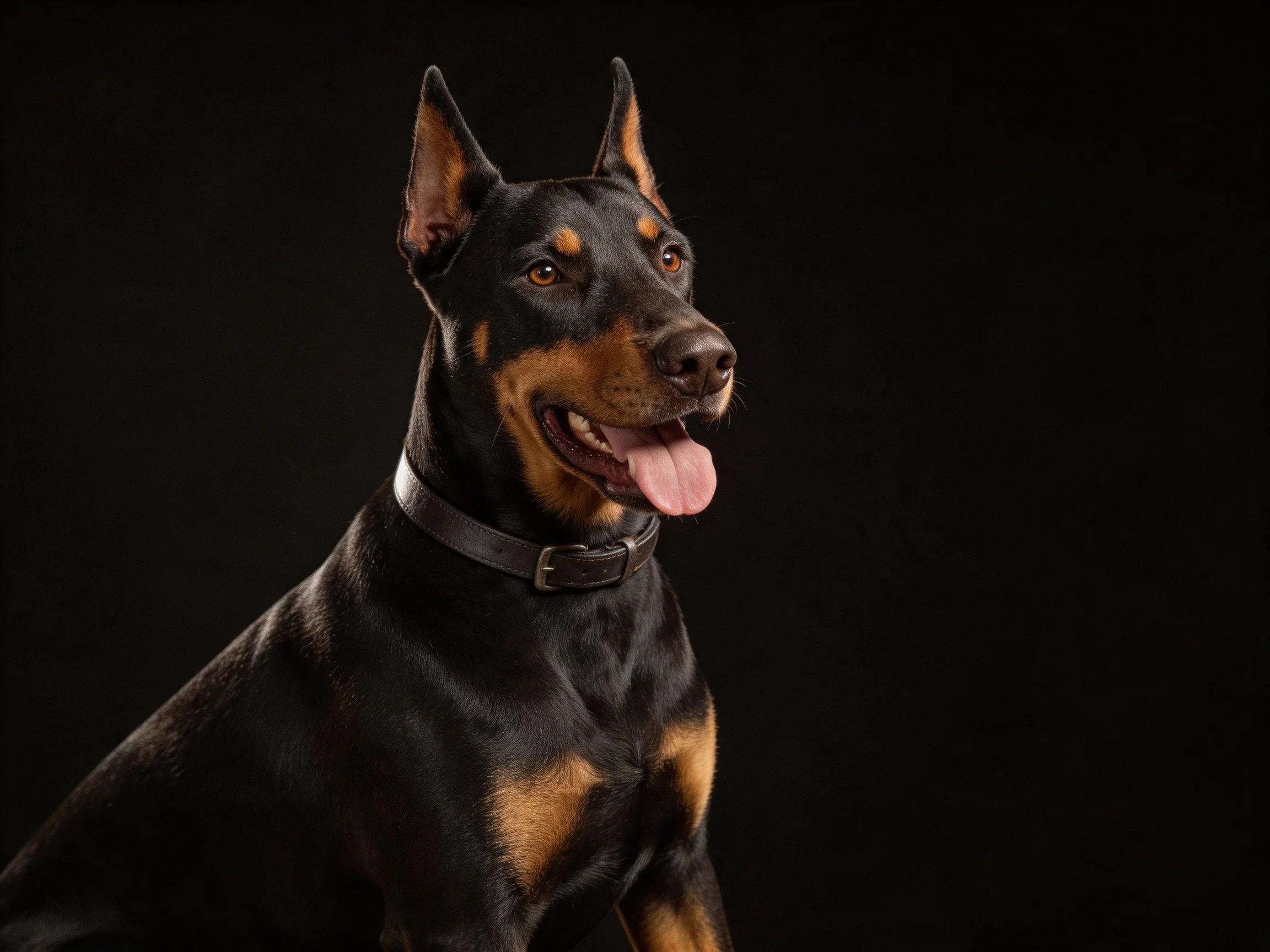 A black and tan Doberman sits alertly against a dark backdrop.