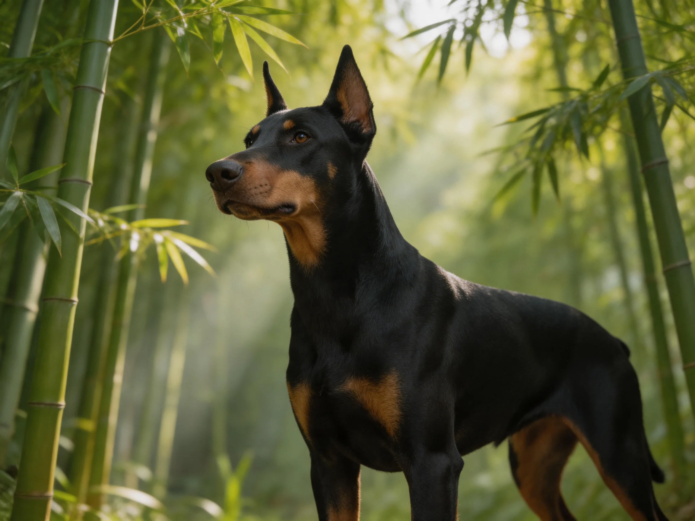 A black and tan dog stands alert amid lush bamboo vegetation.