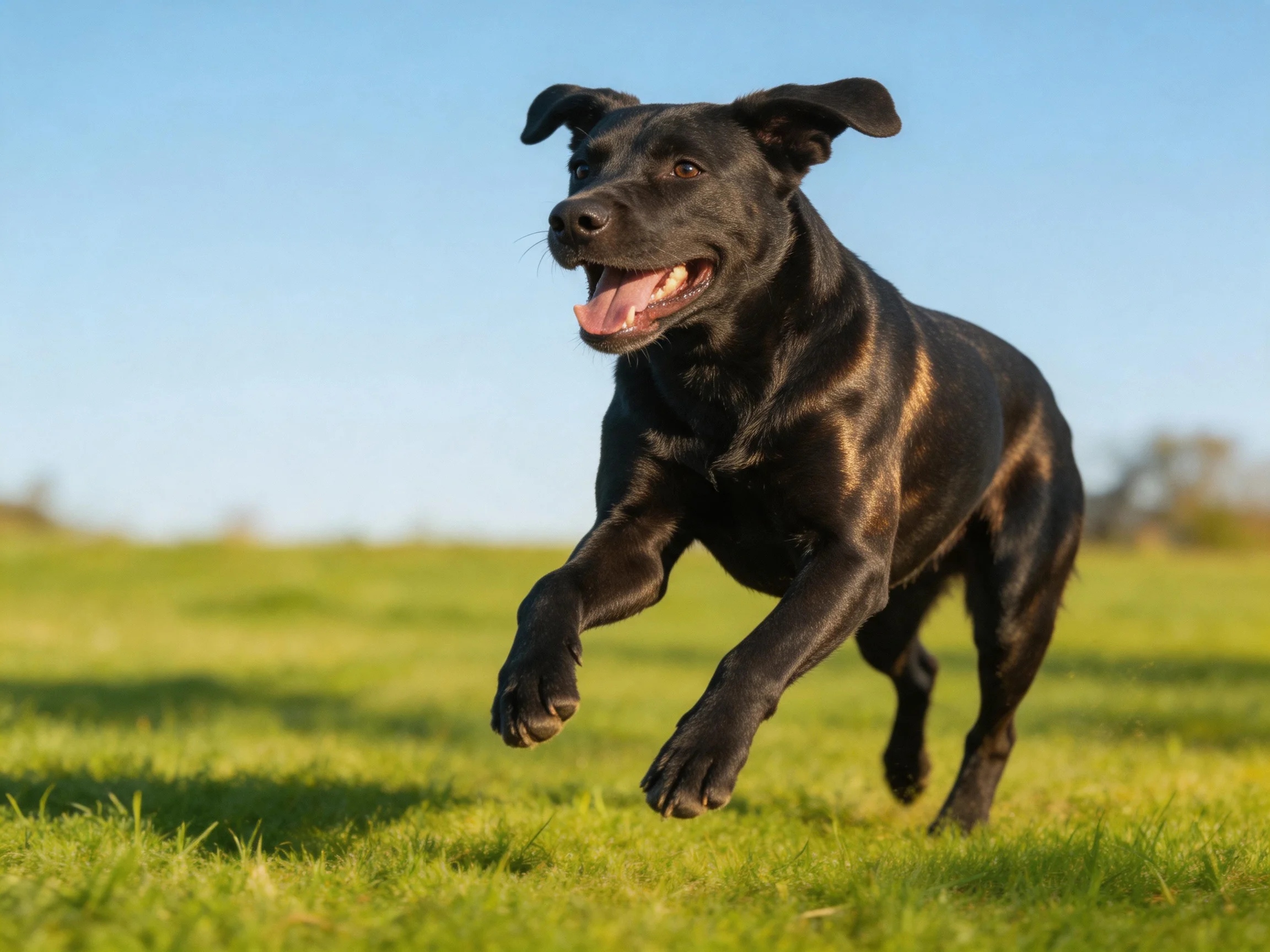 A sleek black dog bounds across a sunlit green meadow