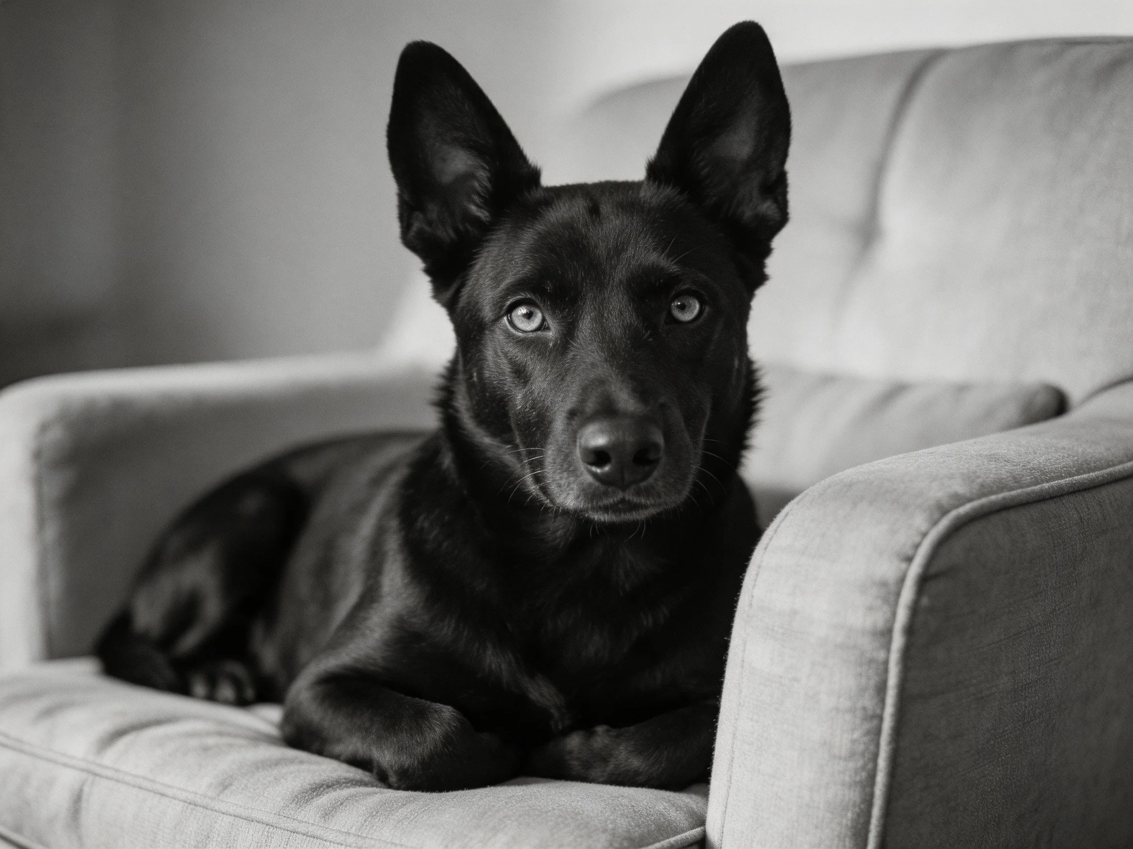 A sleek black dog lounges on a plush armchair