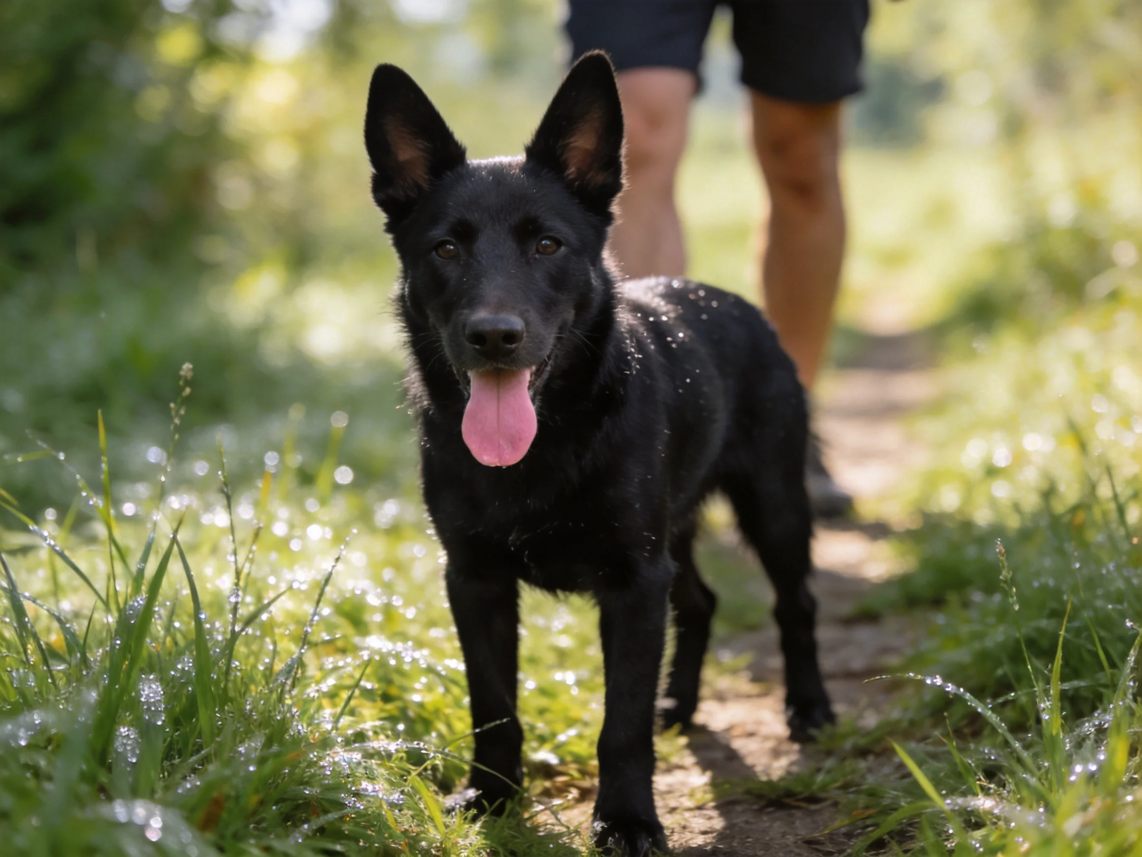 A black dog stands on a sunlit forest path near a person.