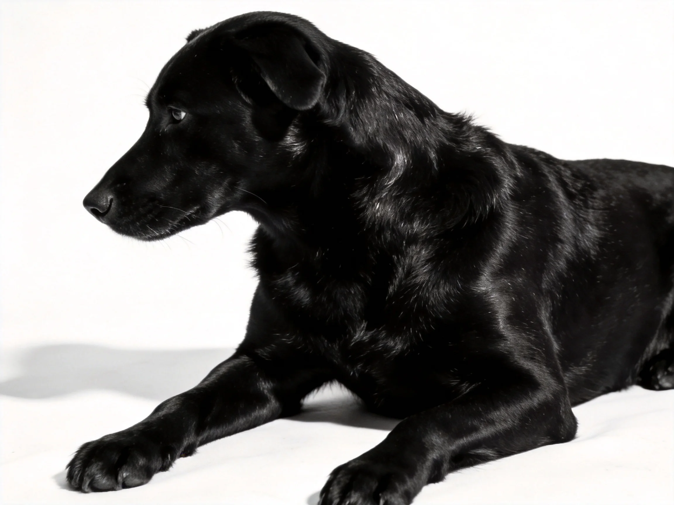 A sleek black dog rests calmly on a white surface.